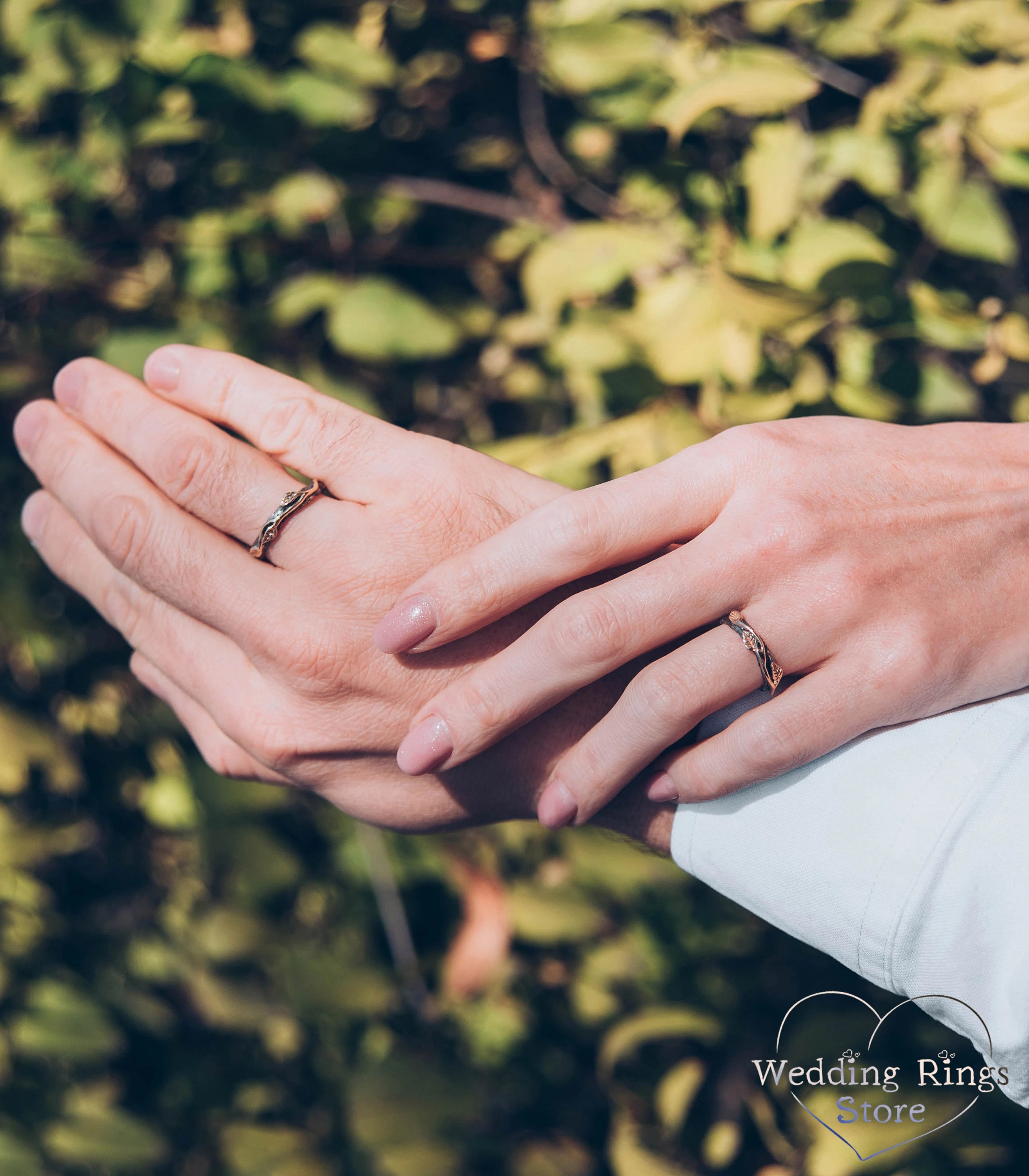 Mixed Silver & Gold Wedding Leaf Rings Set for Couple