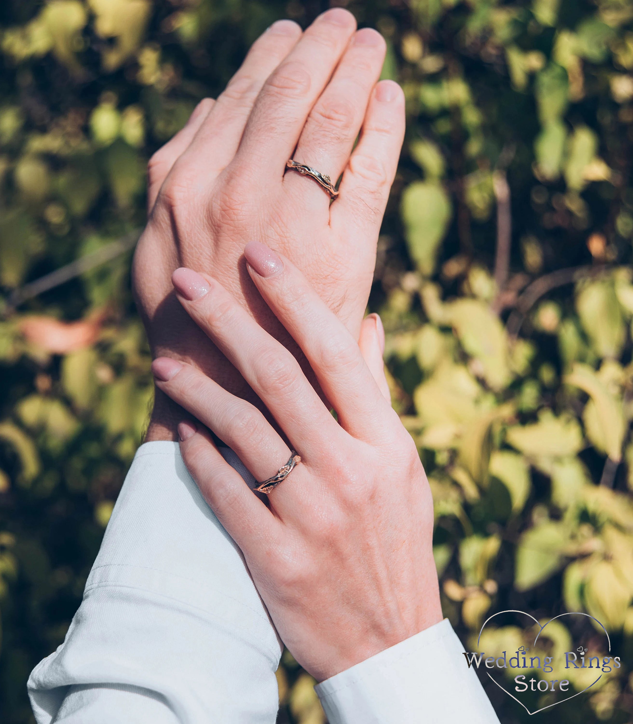 Mixed Silver & Gold Wedding Leaf Rings Set for Couple