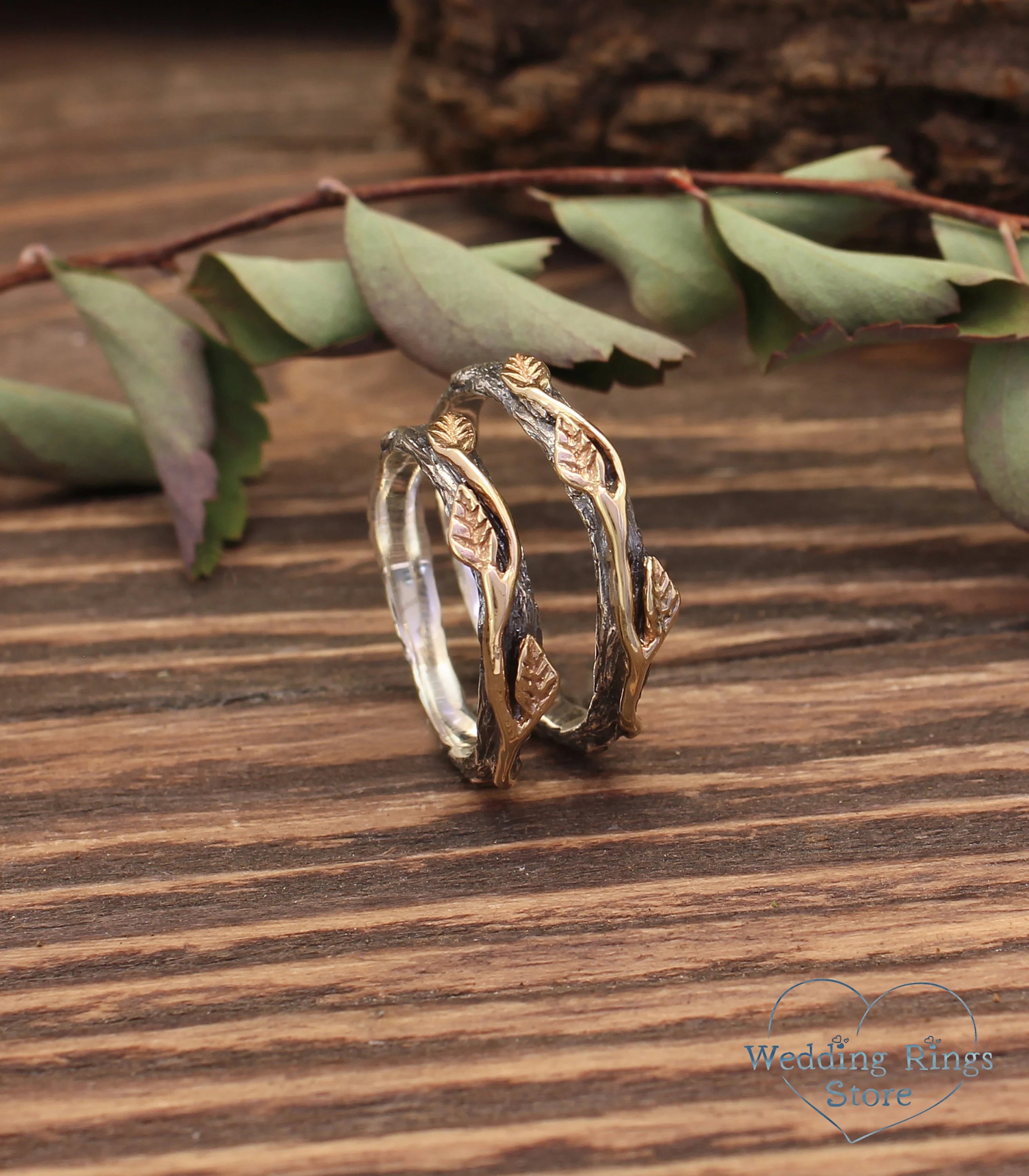 Mixed Silver & Gold Wedding Leaf Rings Set for Couple