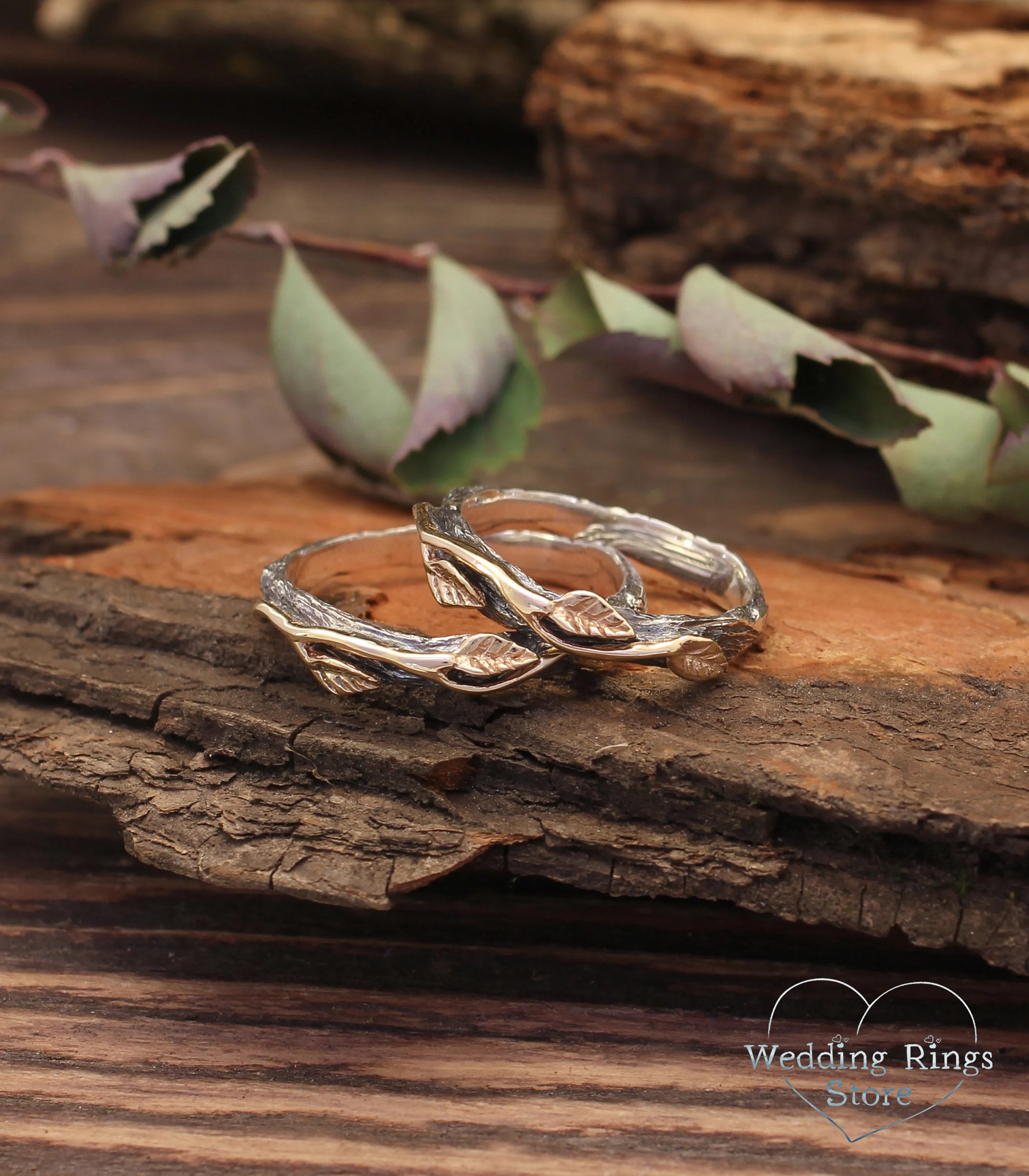 Mixed Silver & Gold Wedding Leaf Rings Set for Couple