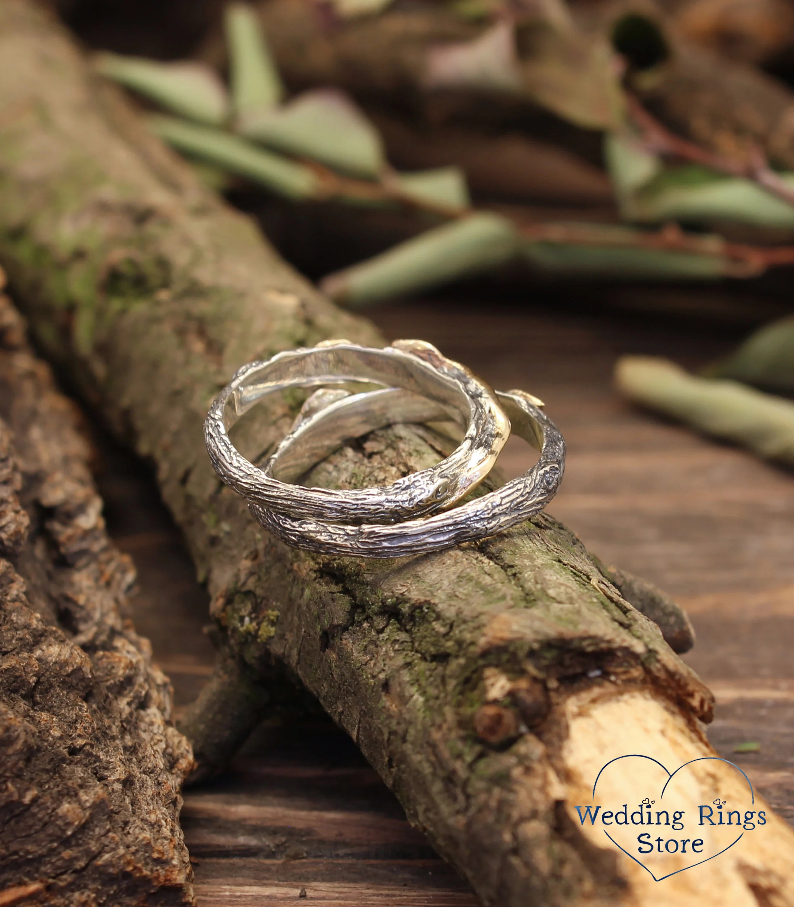 Mixed Silver & Gold Wedding Leaf Rings Set for Couple