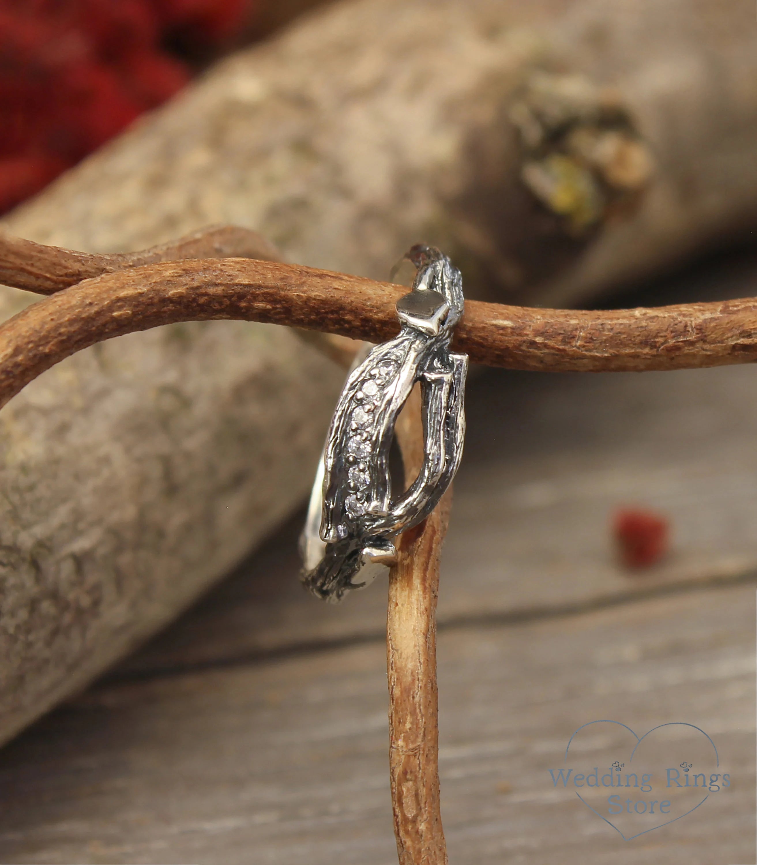 Silver Elvish Ring with shiny Leaves and Branch adorned with Gems