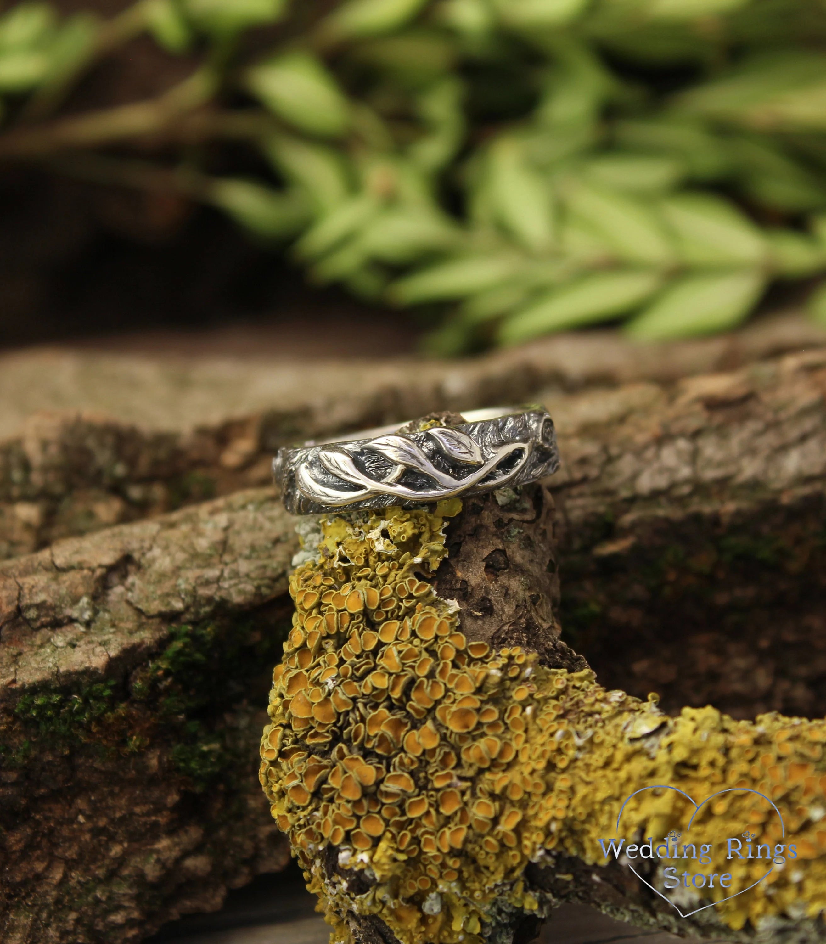 Silver Twig with Leaves Ring inspired by forest Nature