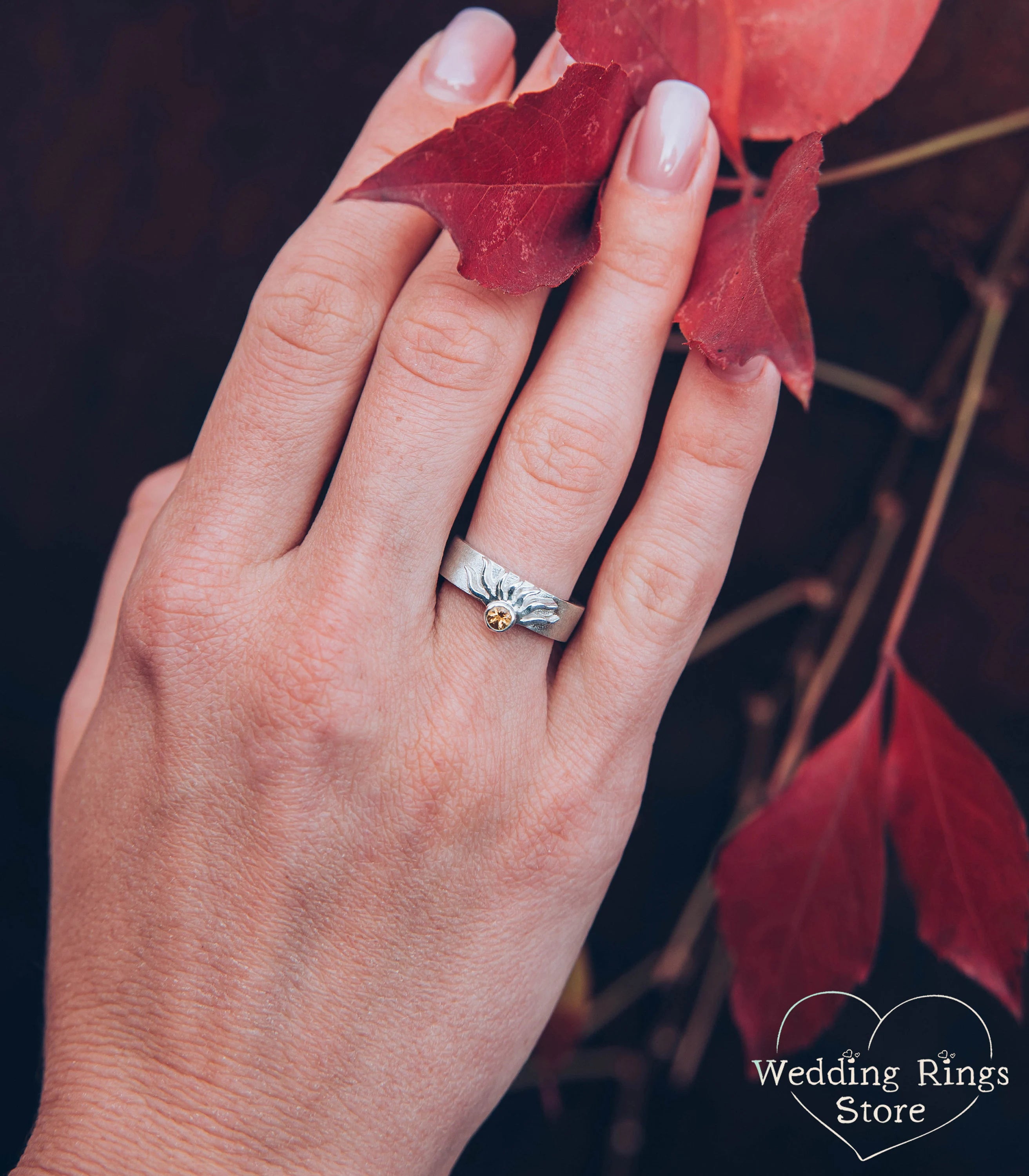 Sun Wedding Ring with Citrine for Her — Matte Silver Gemstone Ring