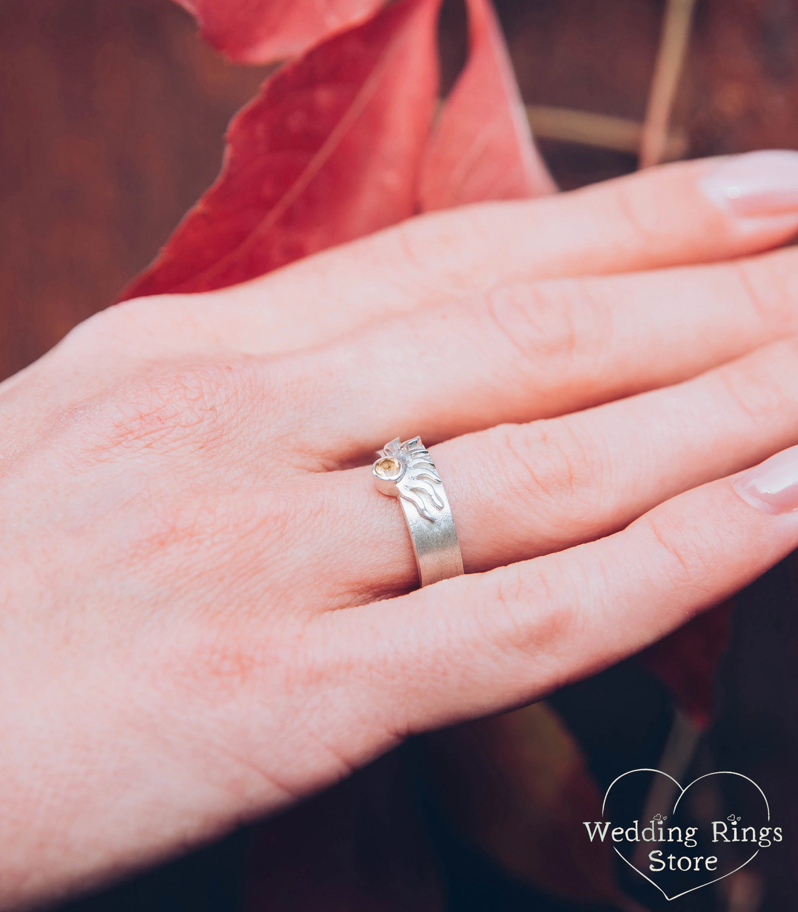 Sun Wedding Ring with Citrine for Her — Matte Silver Gemstone Ring