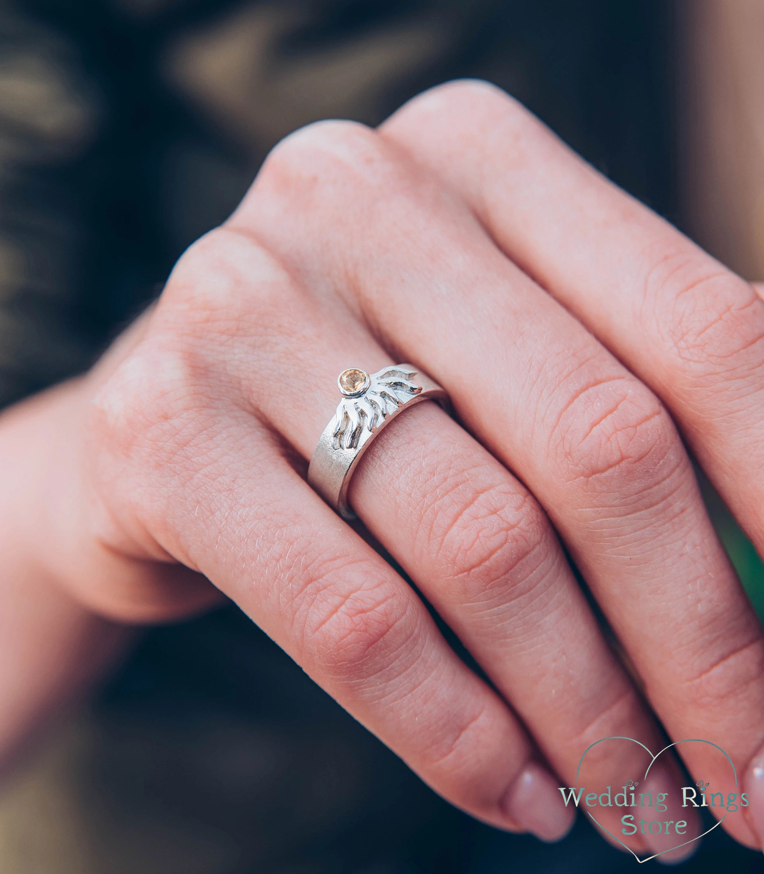 Sun Wedding Ring with Citrine for Her — Matte Silver Gemstone Ring