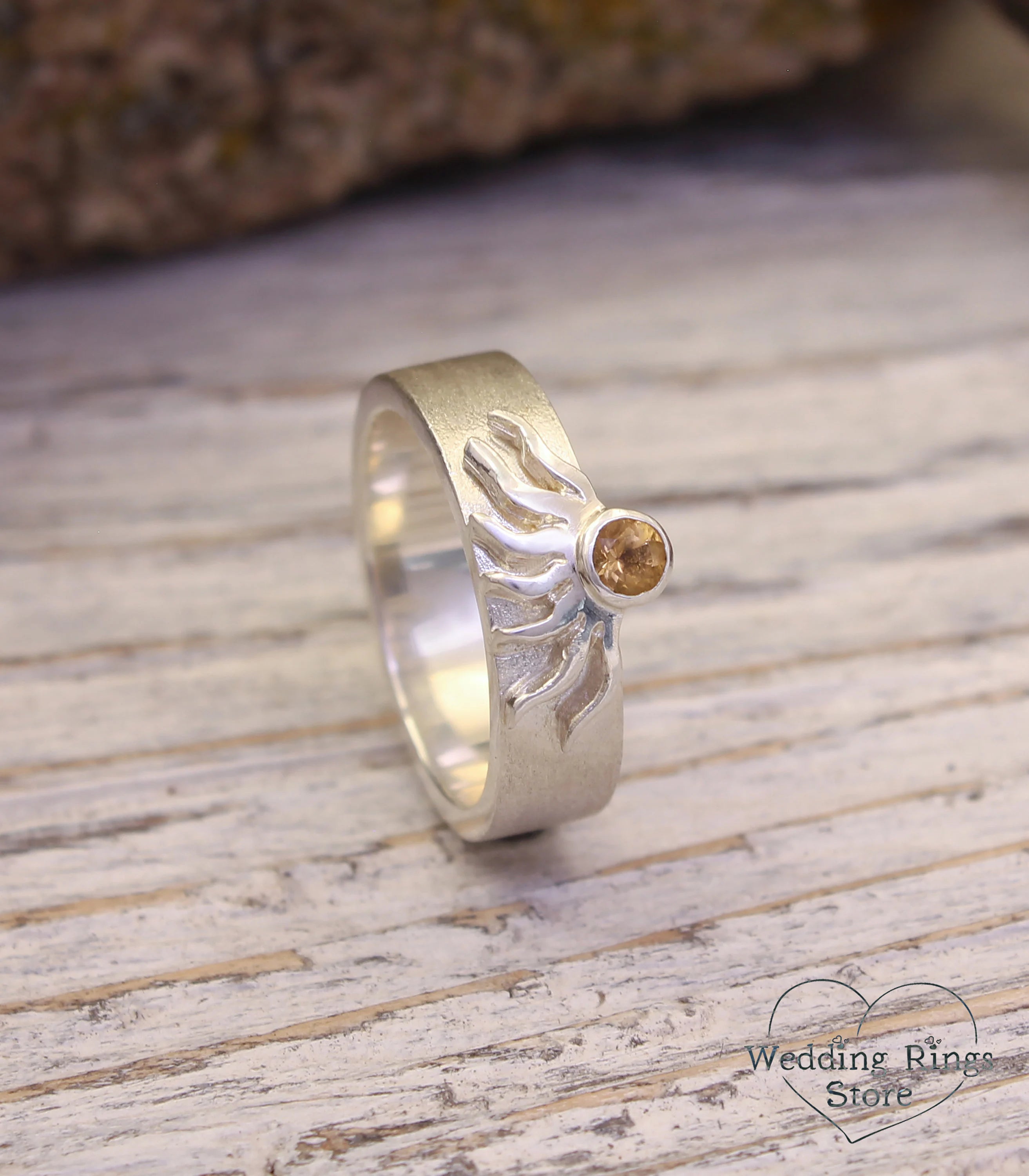 Sun Wedding Ring with Citrine for Her — Matte Silver Gemstone Ring