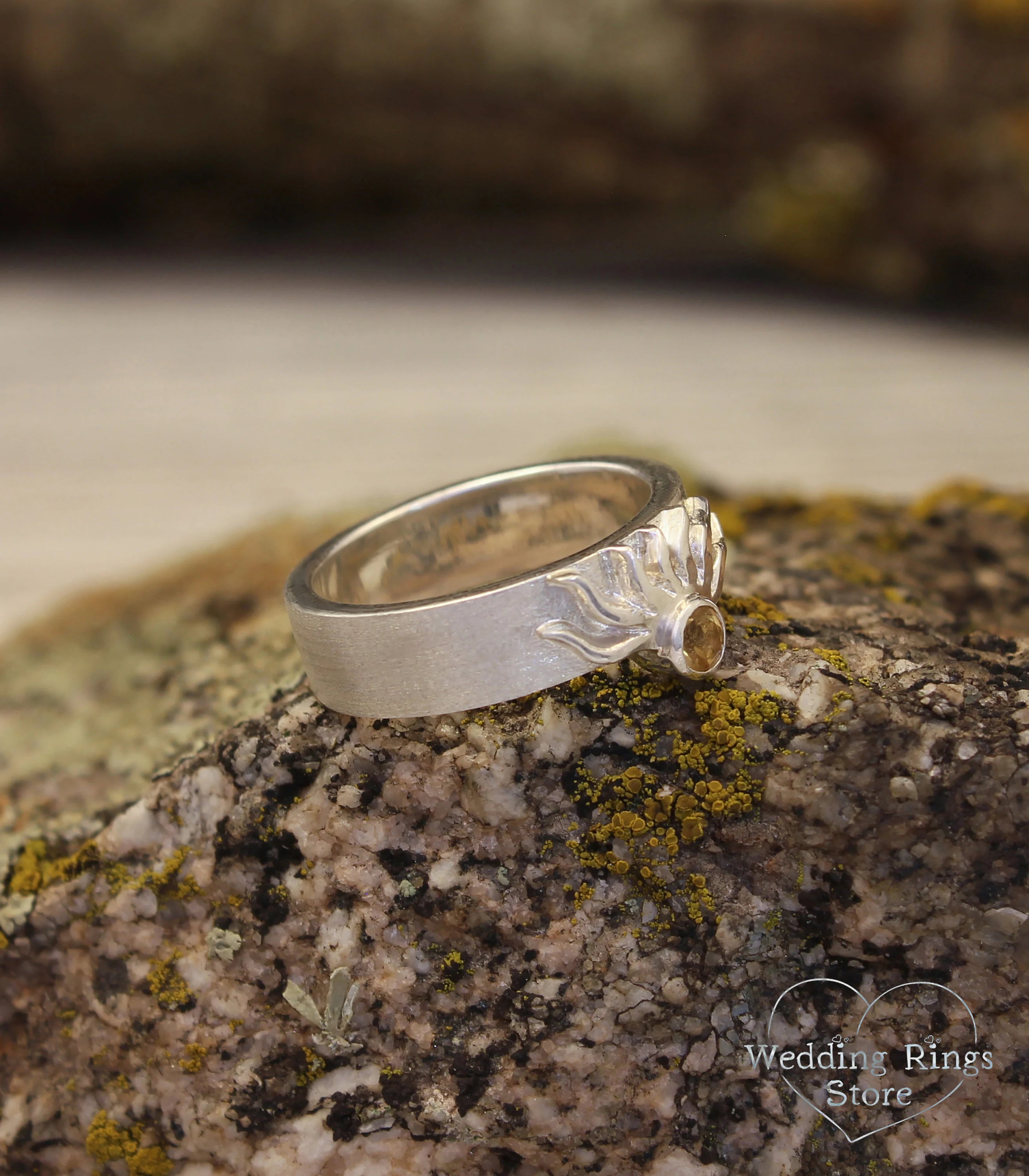 Sun Wedding Ring with Citrine for Her — Matte Silver Gemstone Ring