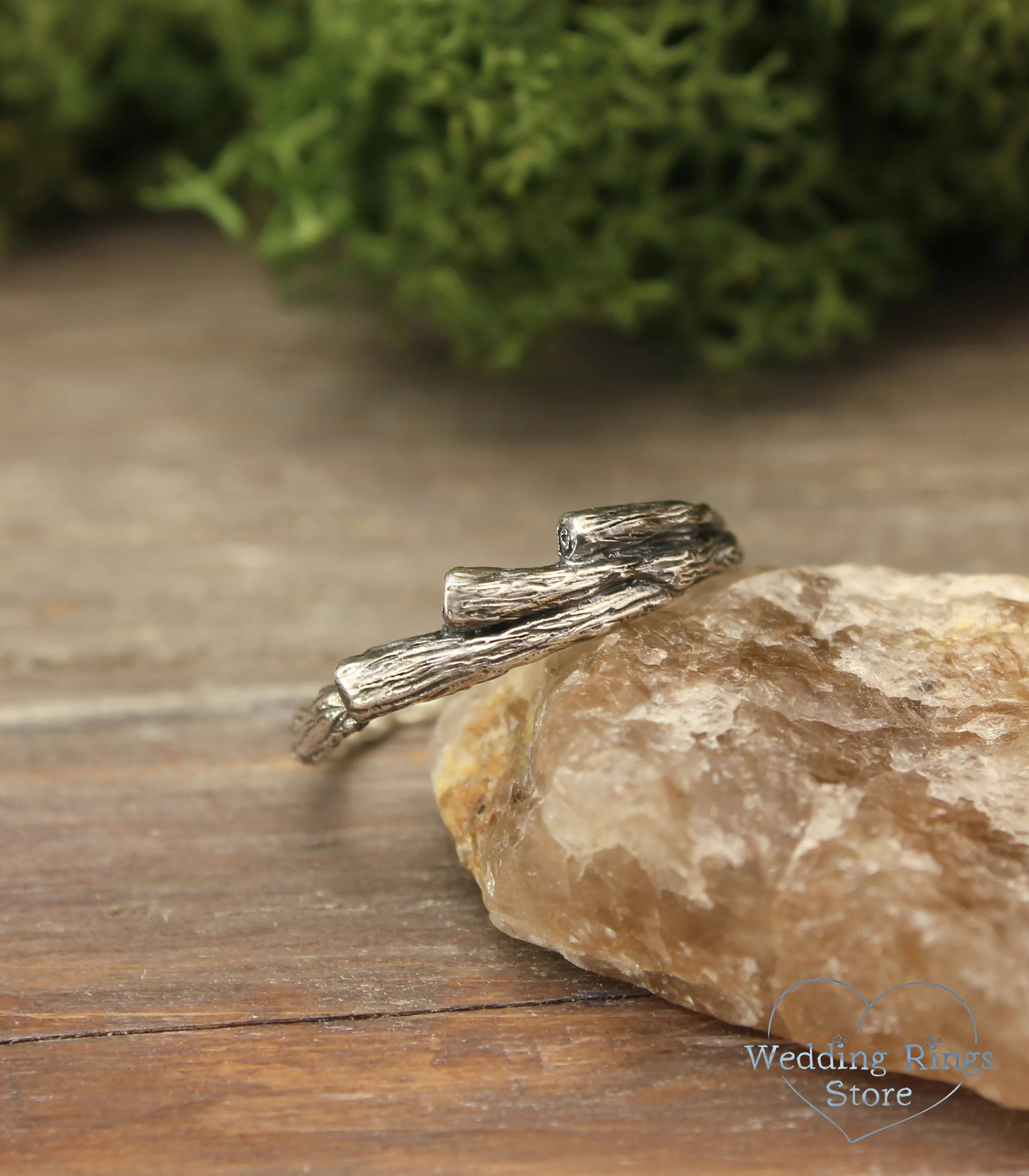 Three Small Branches Rustic Silver Wedding Ring