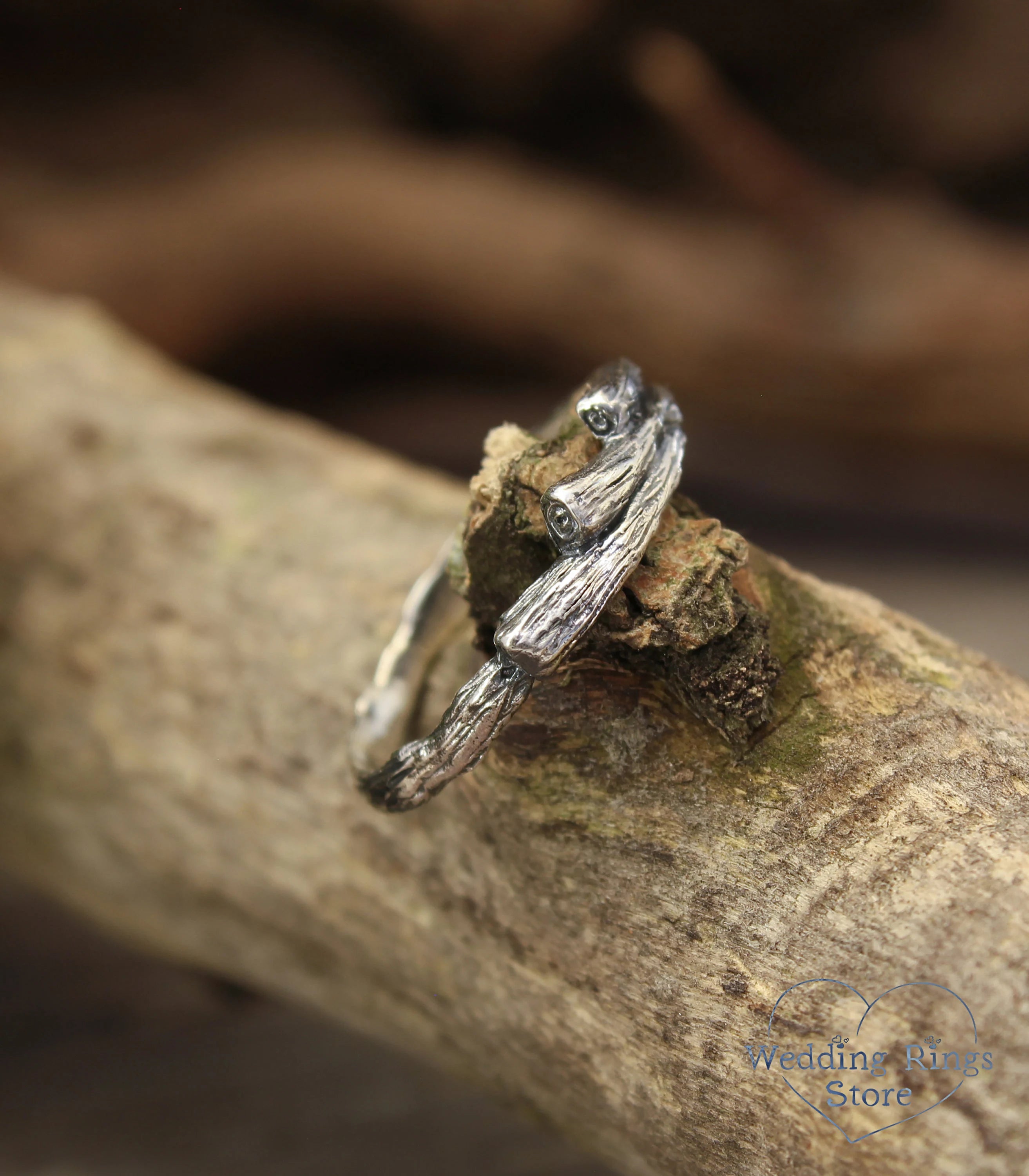 Three Small Branches Rustic Silver Wedding Ring