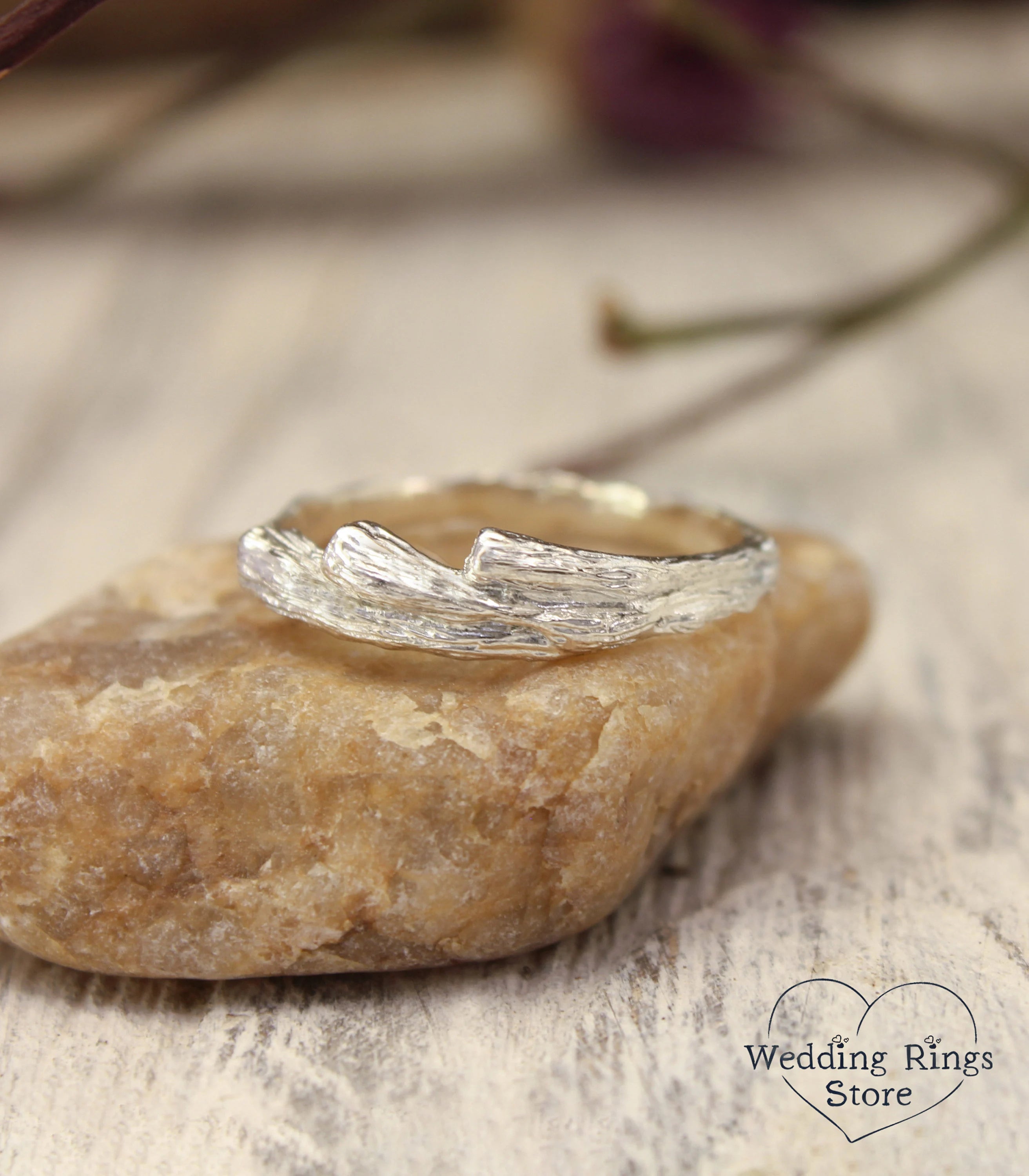 Three Small Branches Rustic Silver Wedding Ring