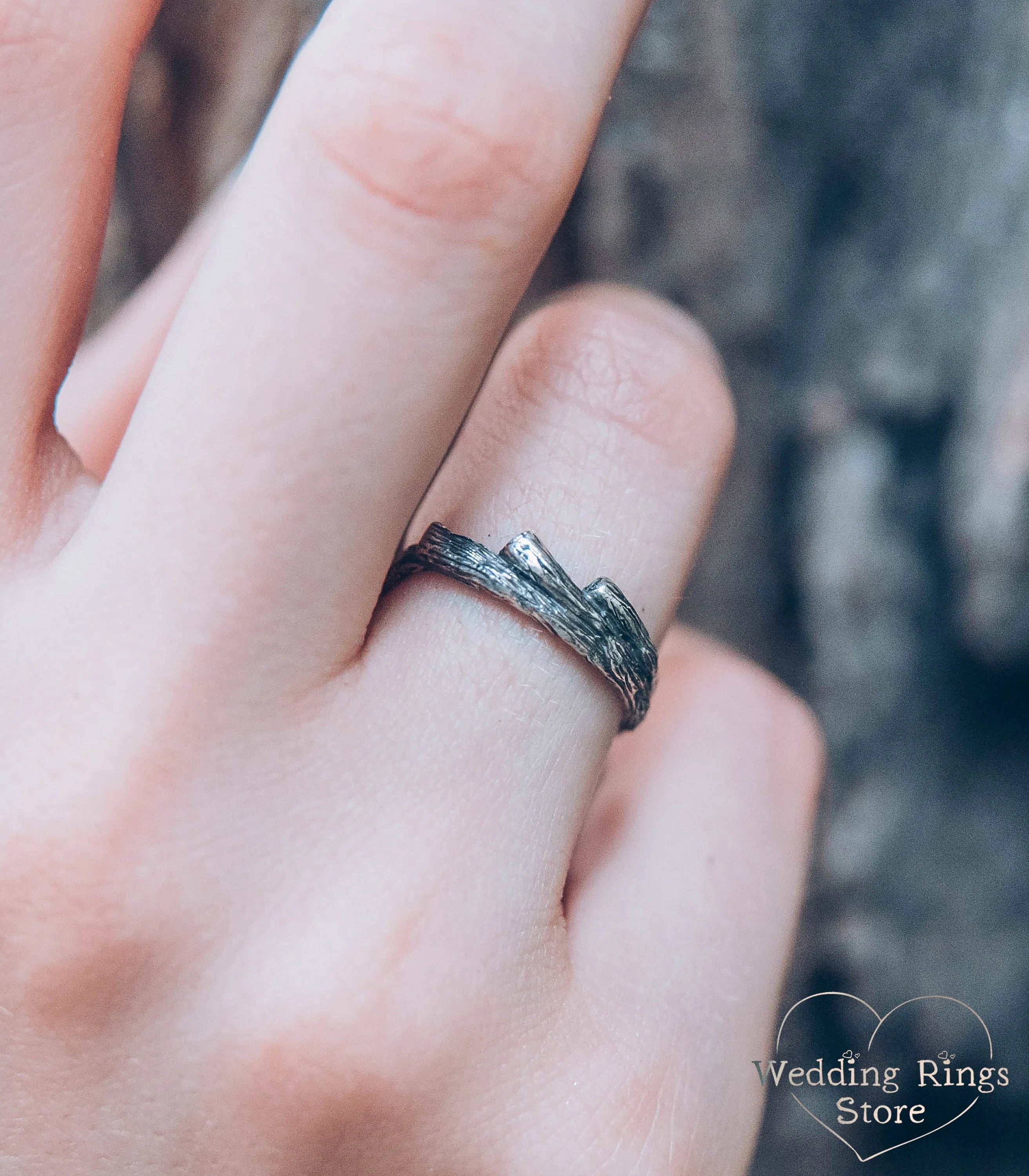 Three Small Branches Rustic Silver Wedding Ring