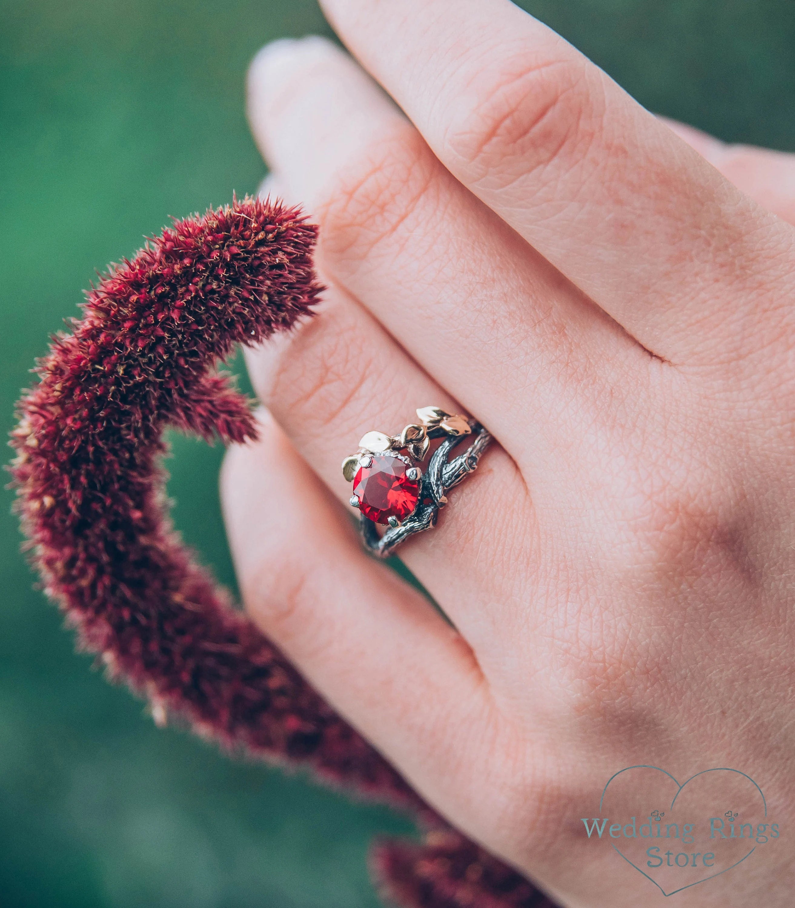 Big Ruby with Branch and Gold Leaves — Twig Engagement Ring