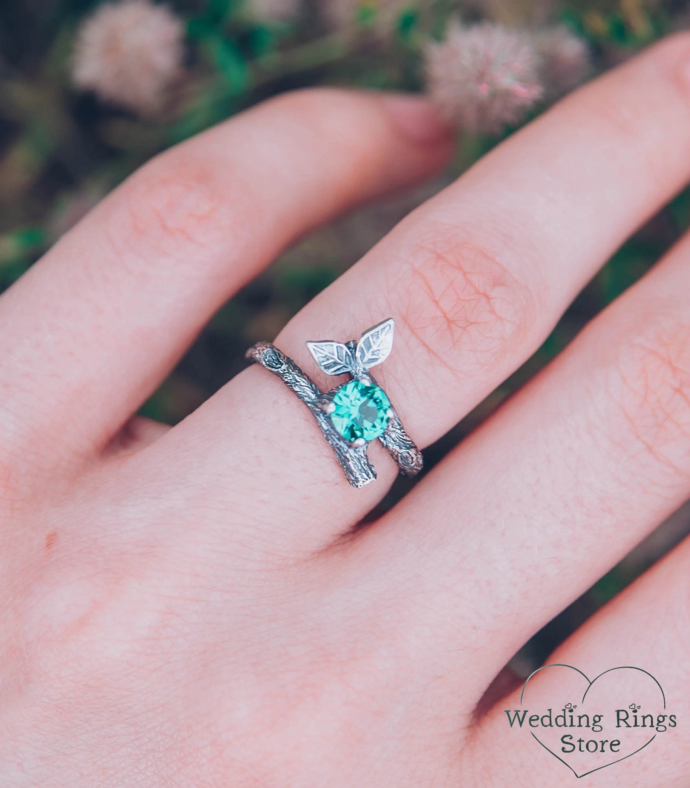 Emerald with Two Silver Twigs & Leaf Ring