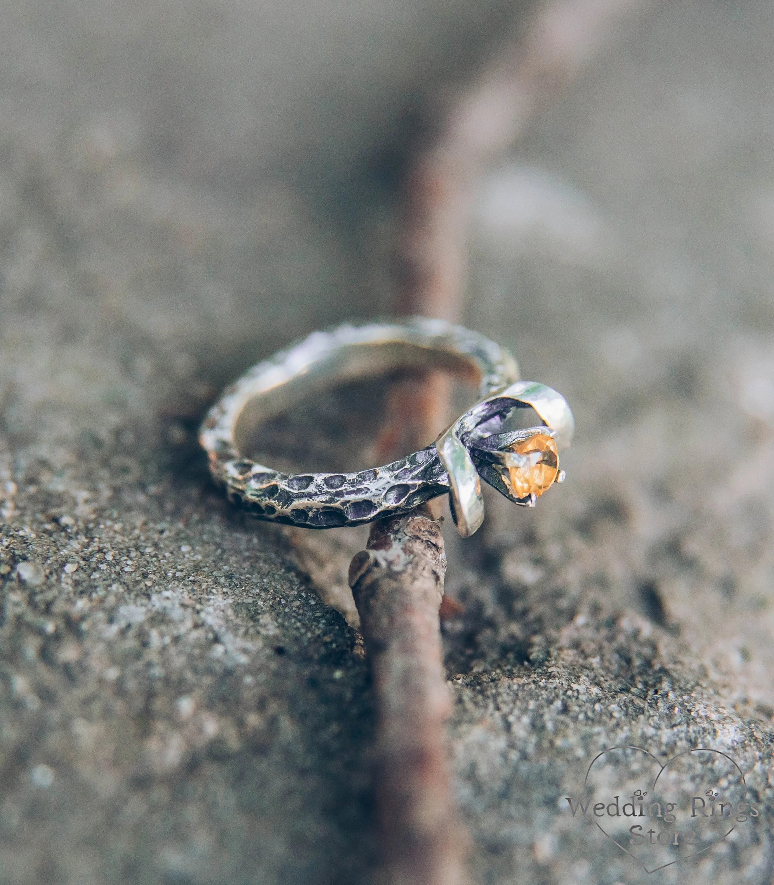 Rocky & Hammered Silver Engagement Ring with Citrine