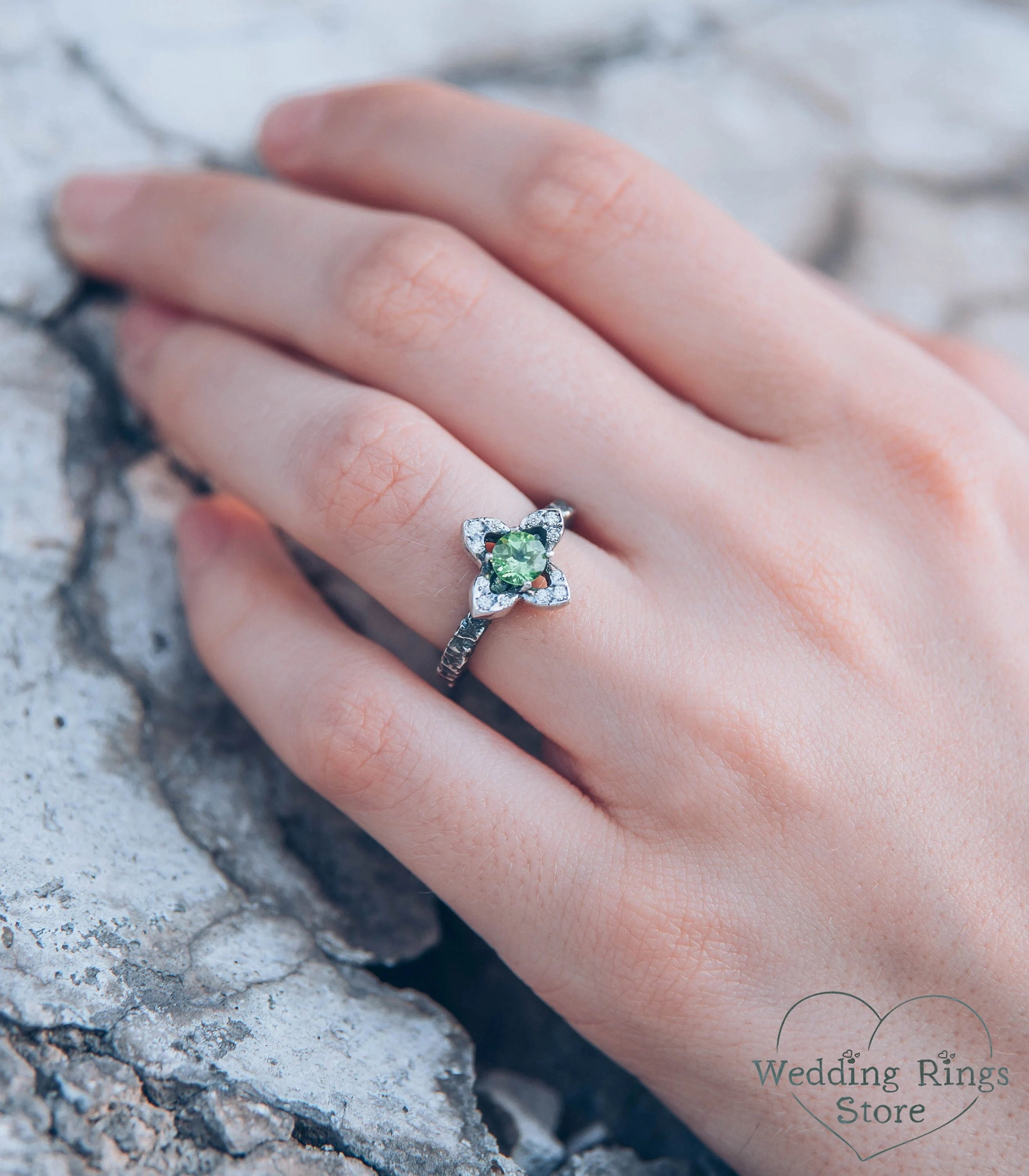 Peridot Flower Engagement Ring Quatrefoil Hammered Band