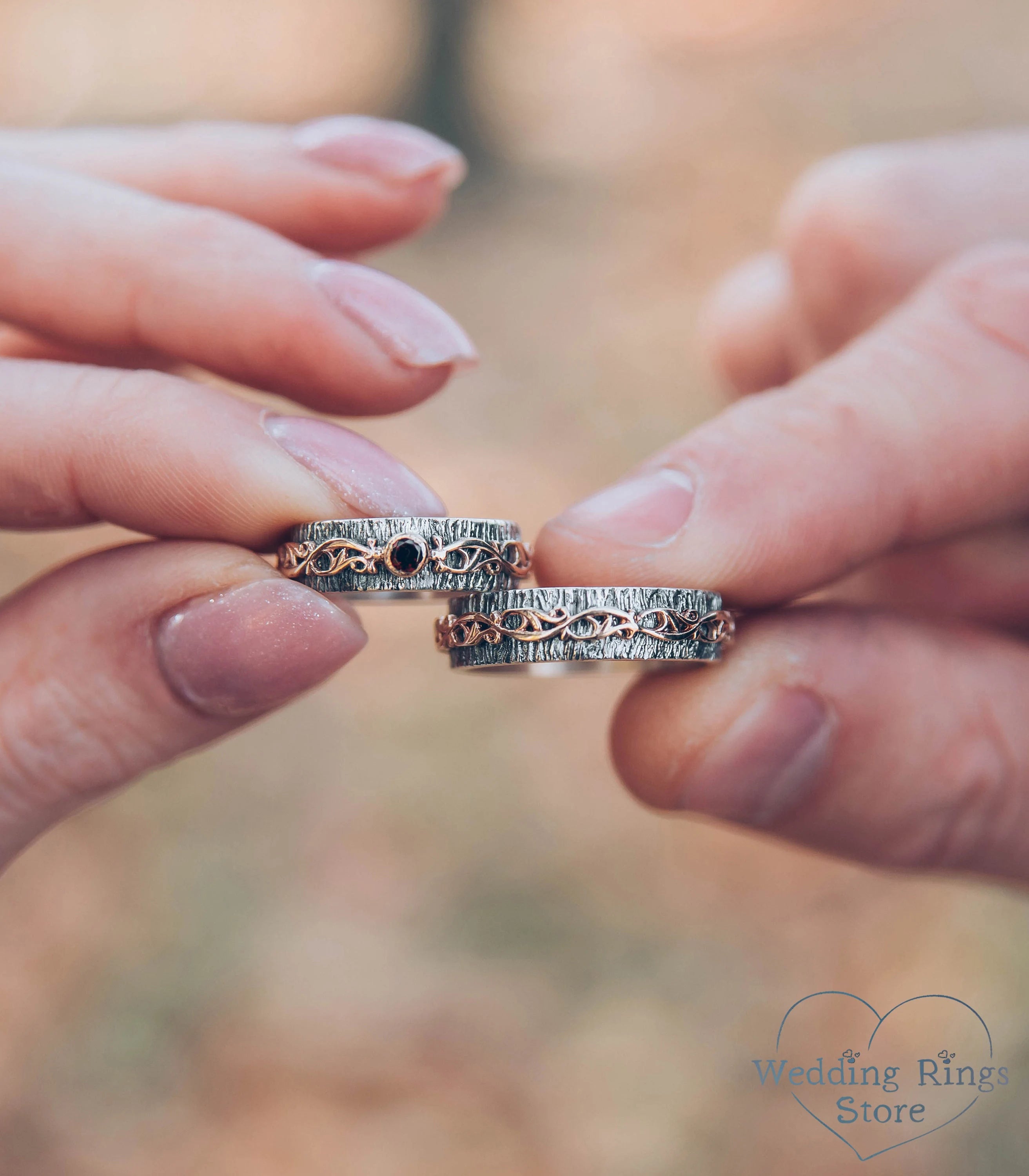 Gold Vine on Silver Woodbark Couple Wedding Bands Set