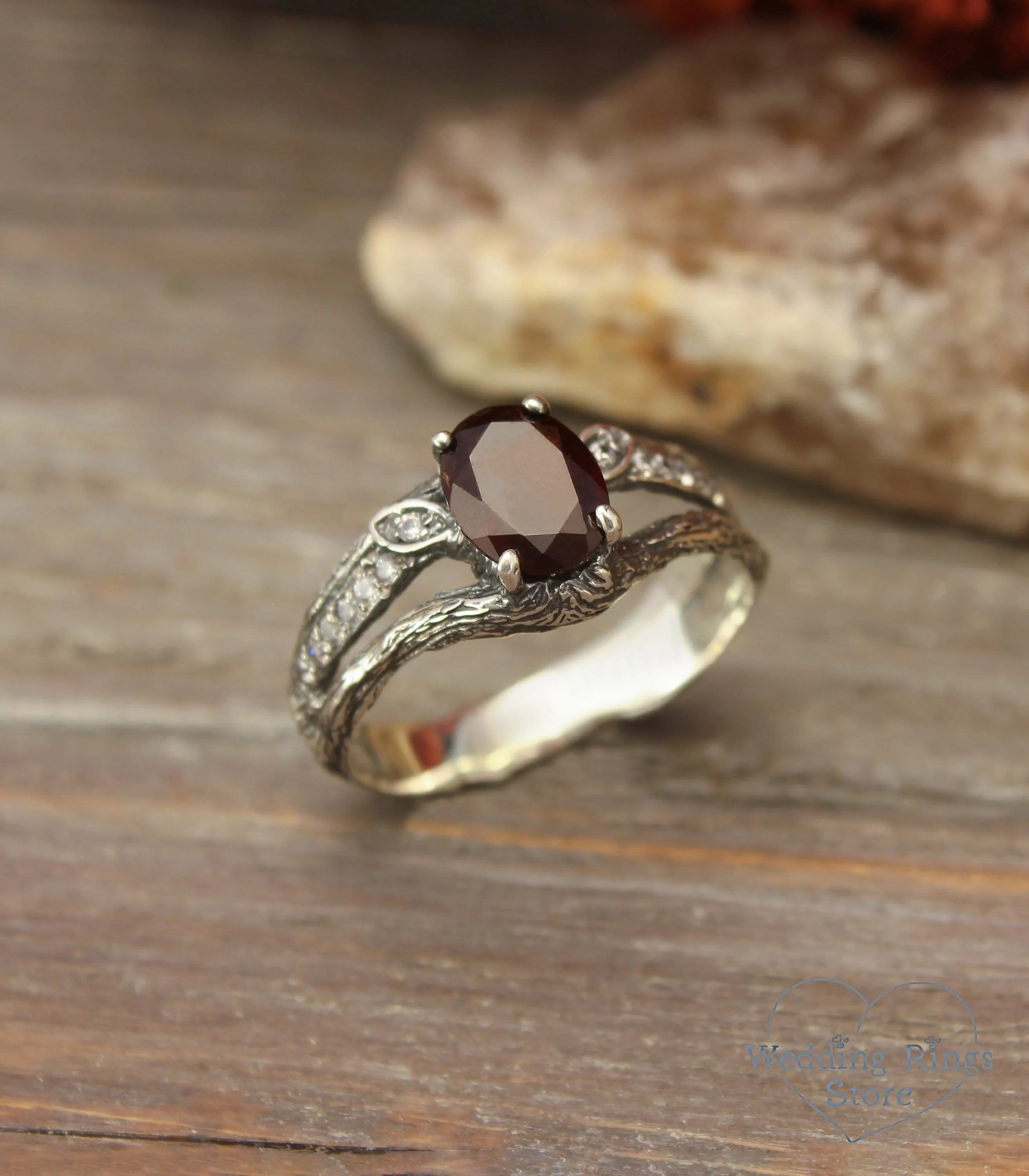 Split Silver Twig Garnet Proposal Ring with Side Stones