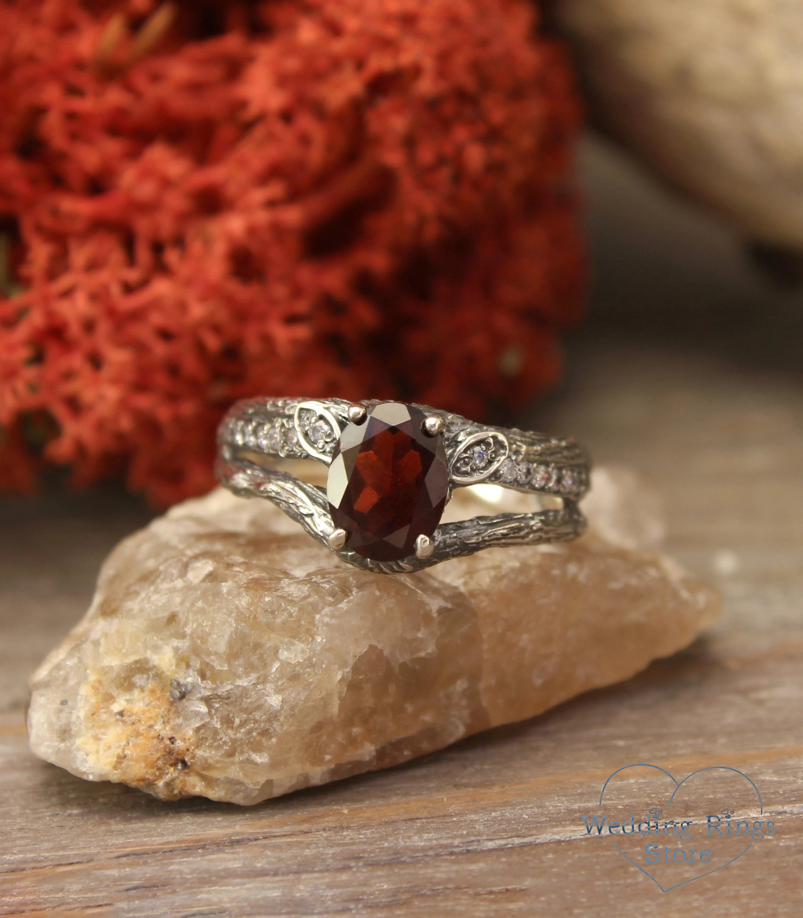 Split Silver Twig Garnet Proposal Ring with Side Stones