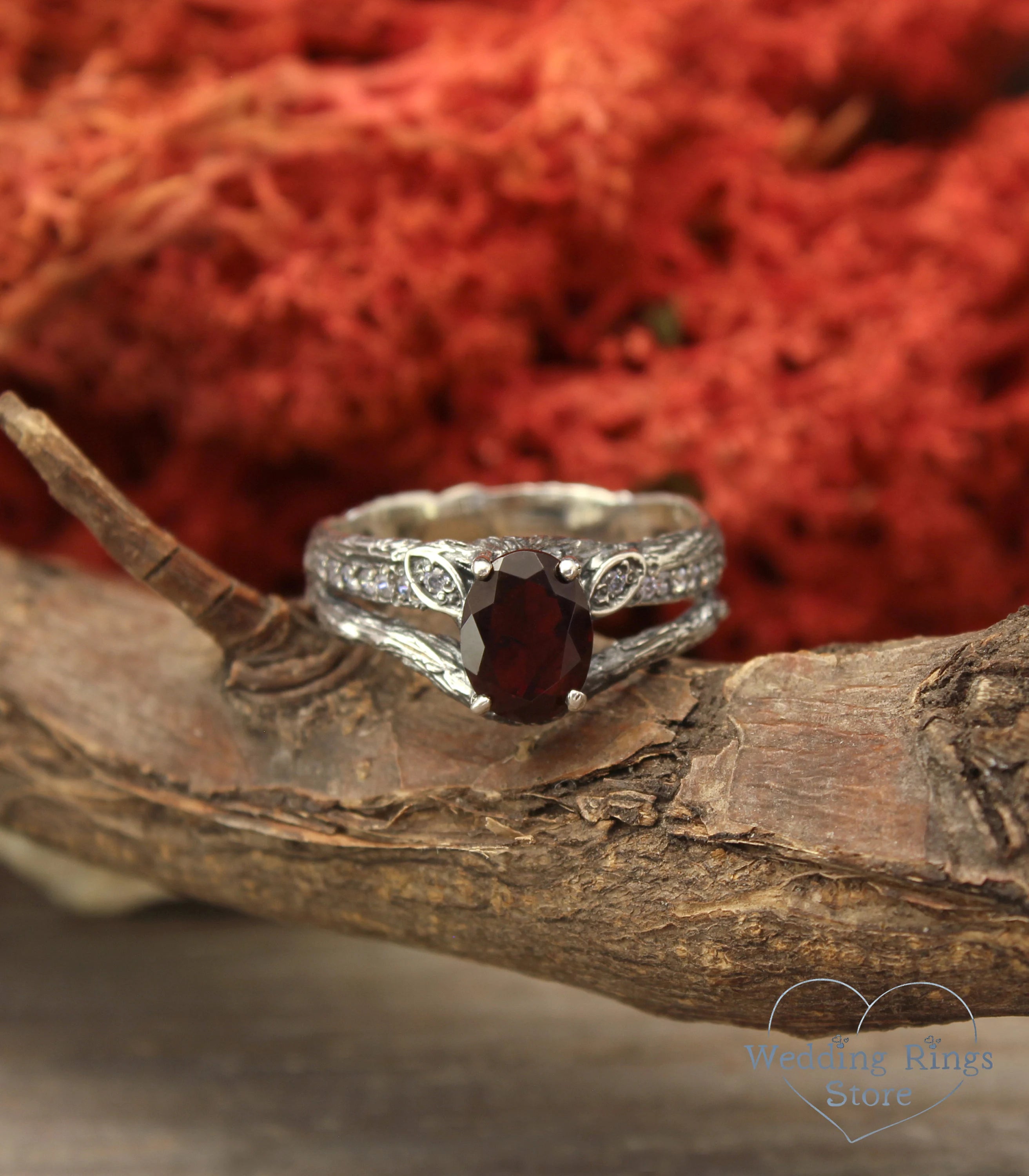 Split Silver Twig Garnet Proposal Ring with Side Stones