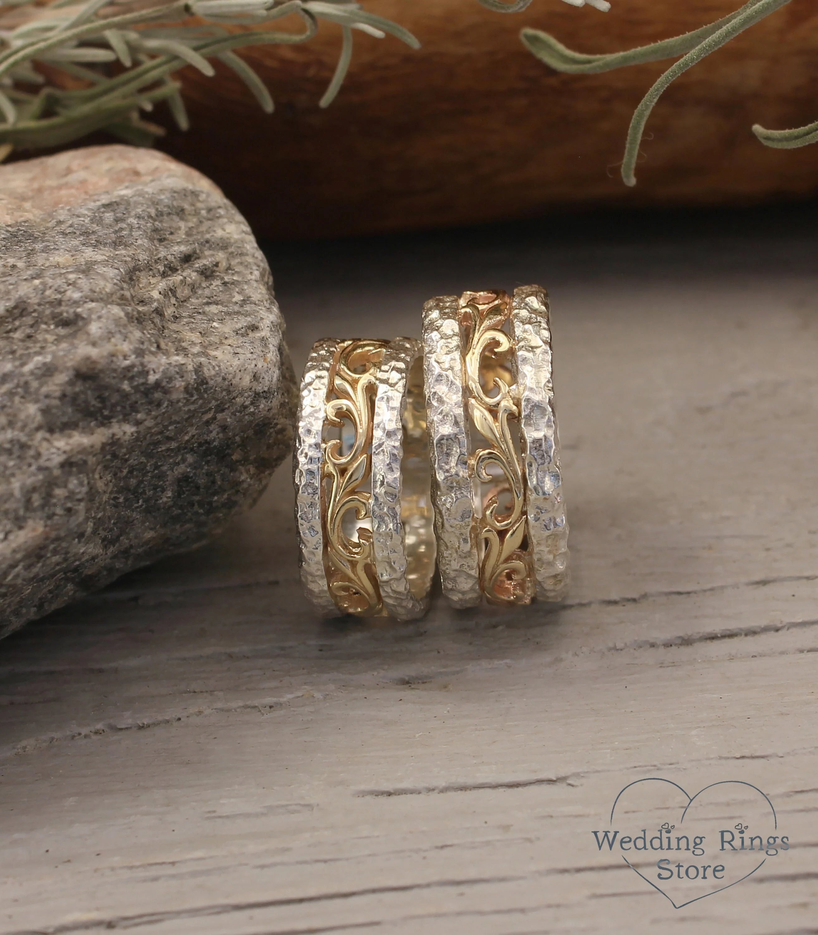 Mixed Metals Hammered and Vine matching Wedding Bands Set