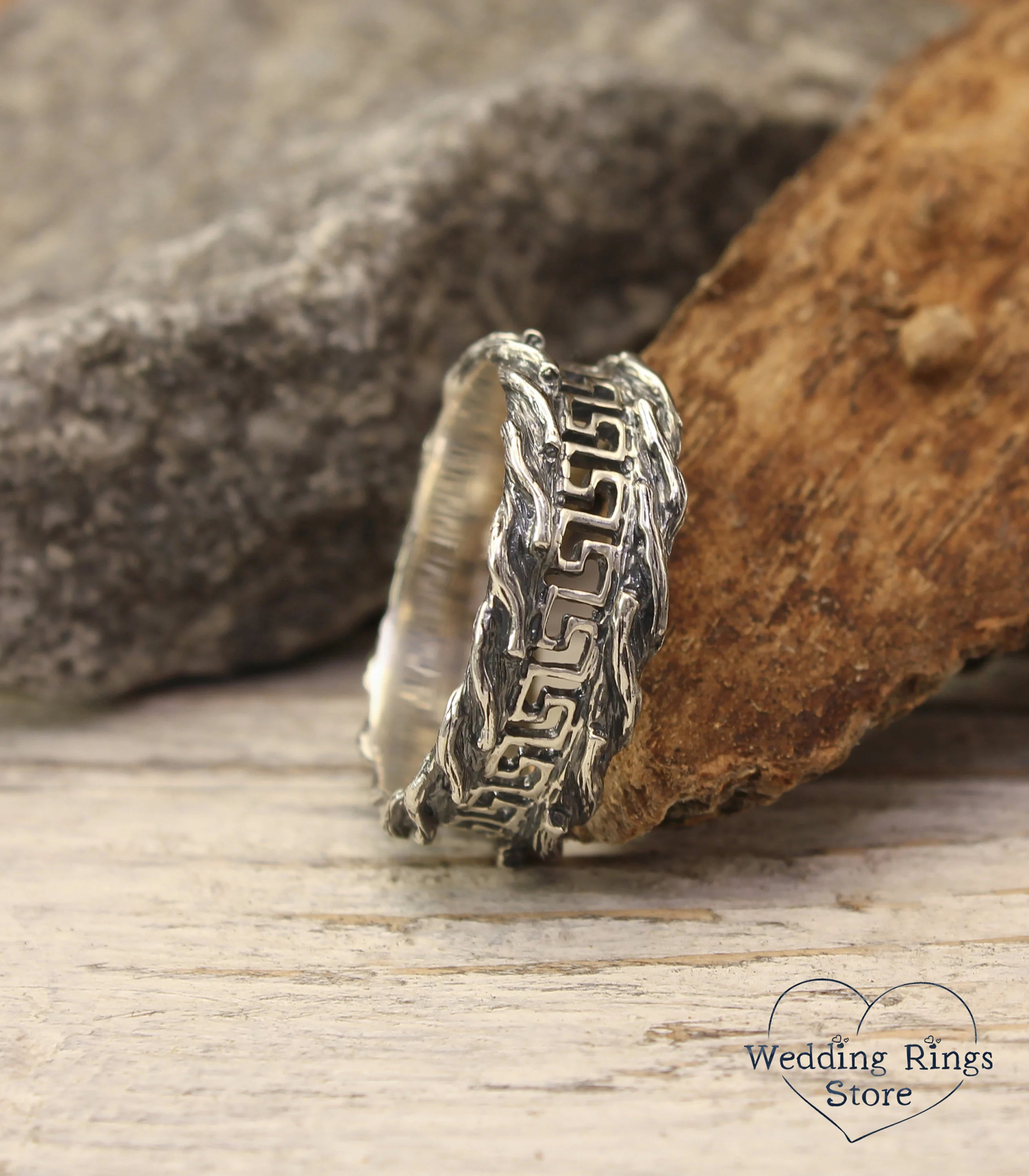 Men's Greek key & Tree bark Silver Wedding Band