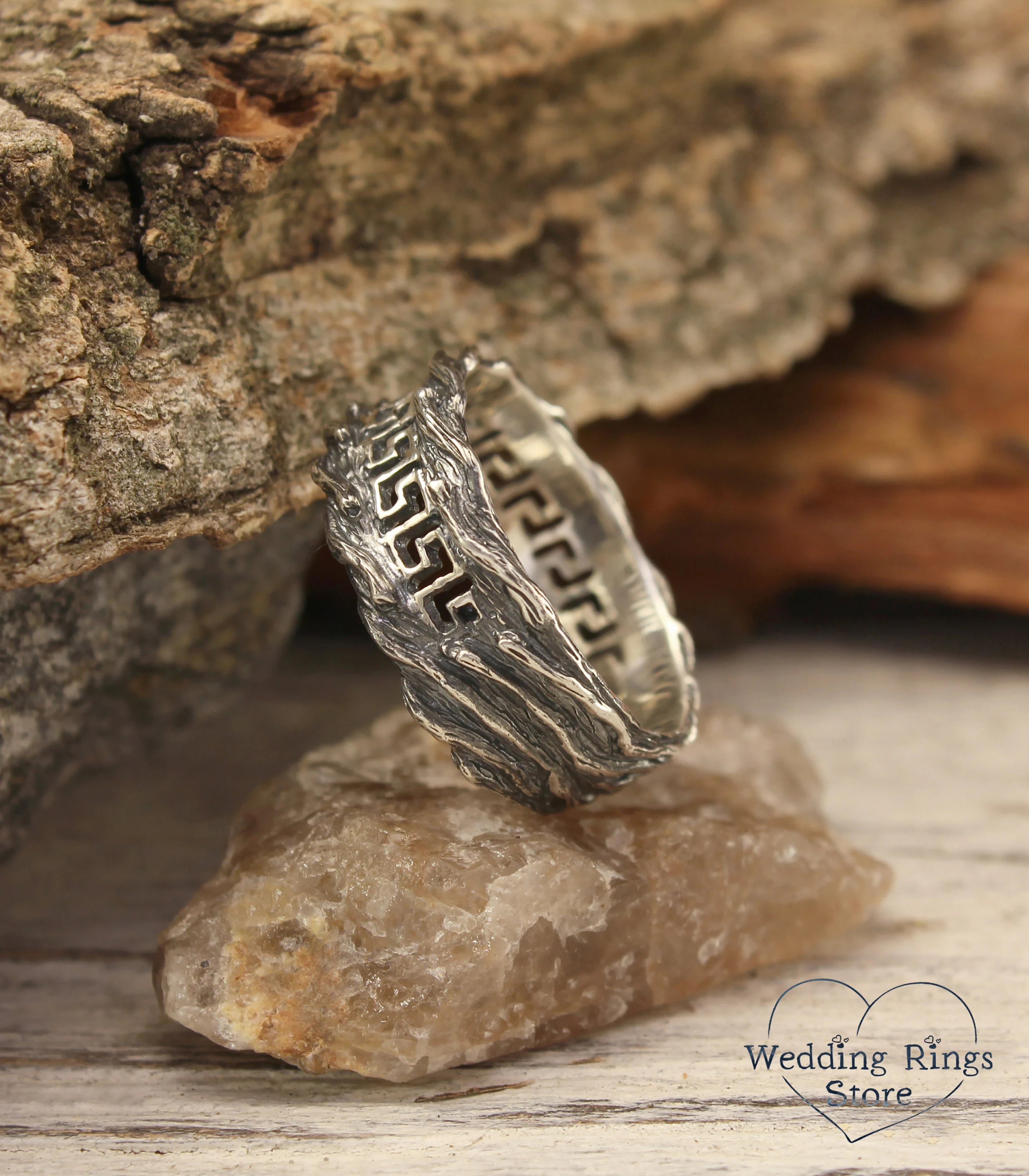 Men's Greek key & Tree bark Silver Wedding Band