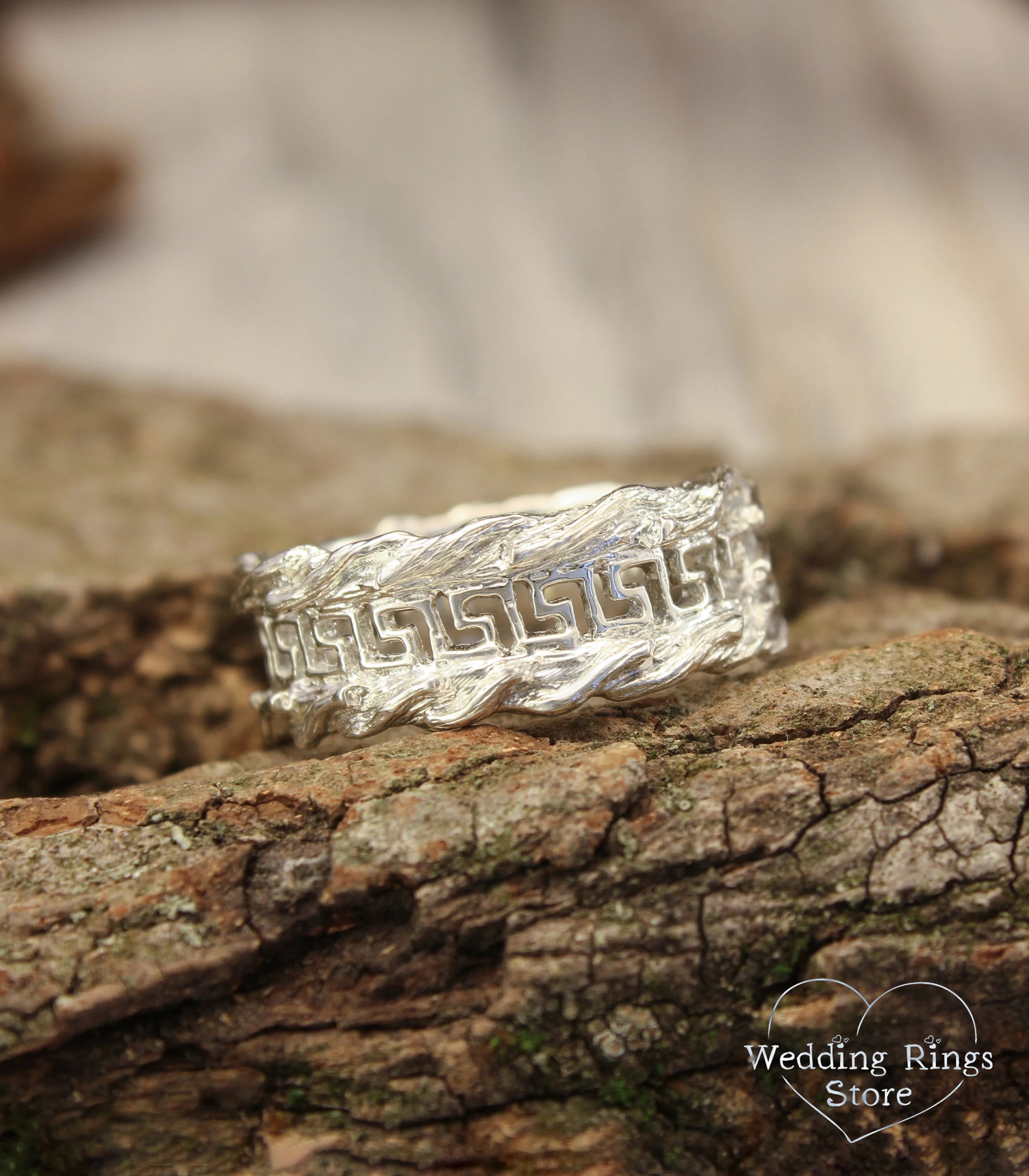 Men's Greek key & Tree bark Silver Wedding Band