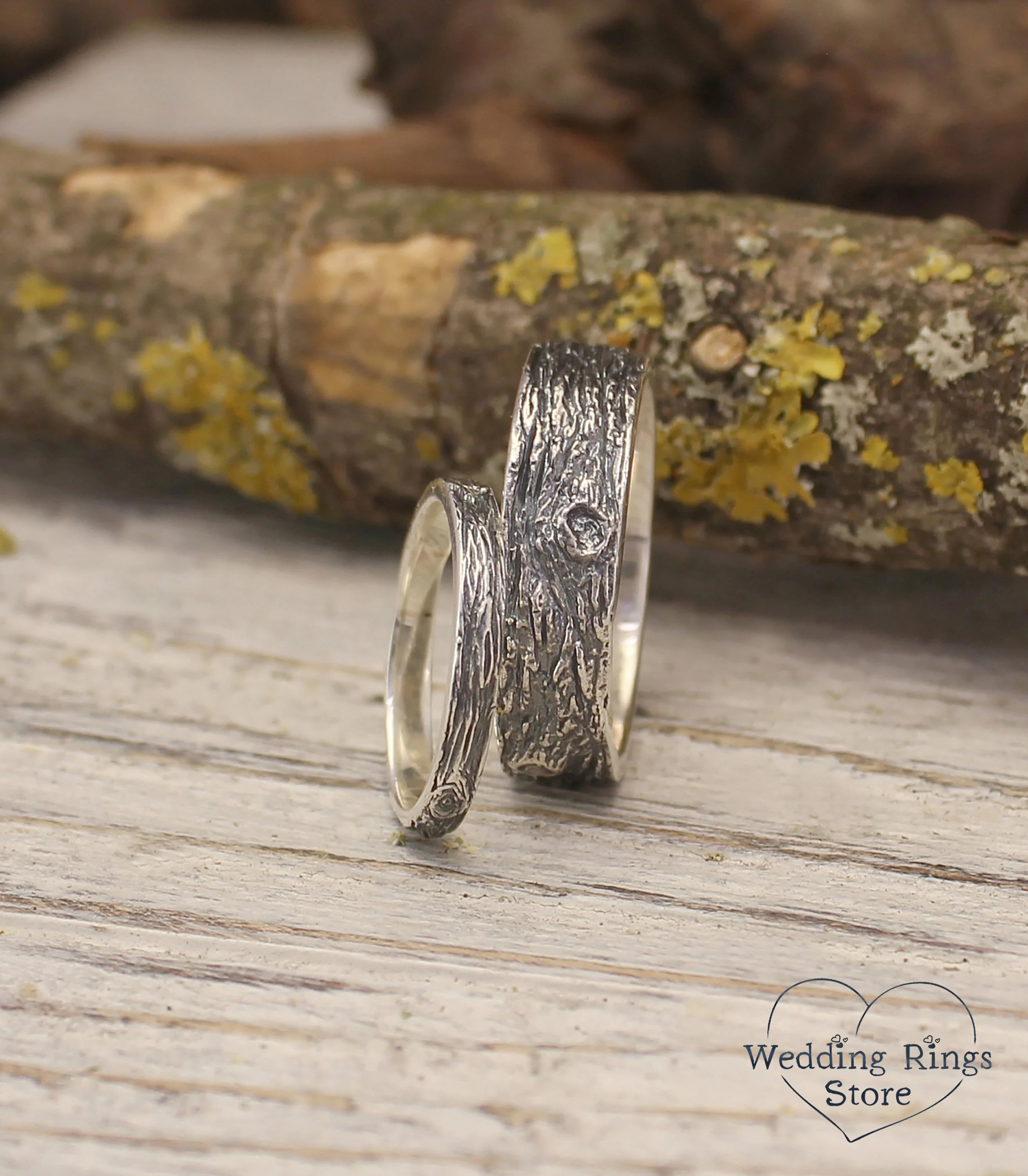 His and Hers Wooden style Silver matching Wedding Bands Set