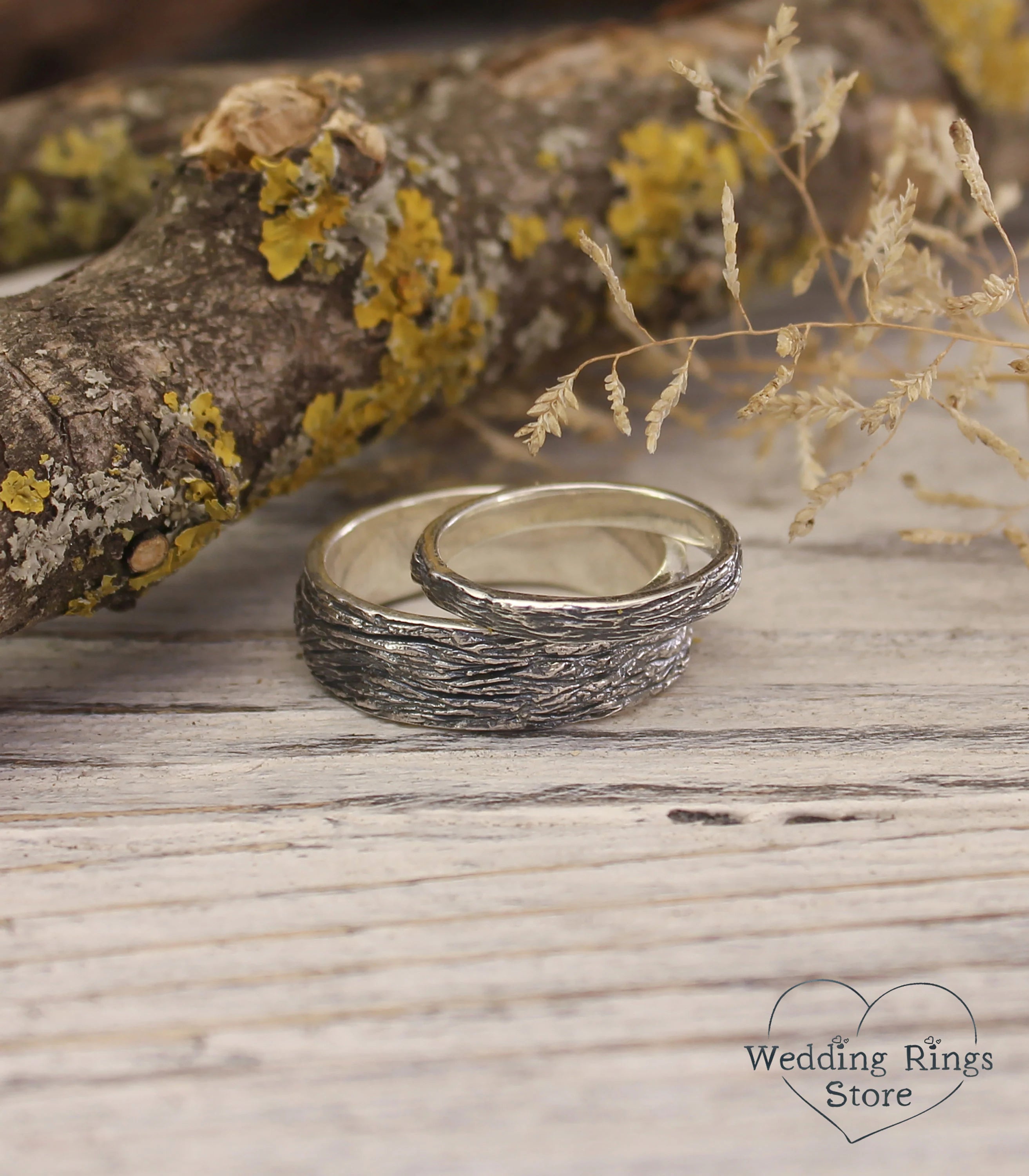 His and Hers Wooden style Silver matching Wedding Bands Set