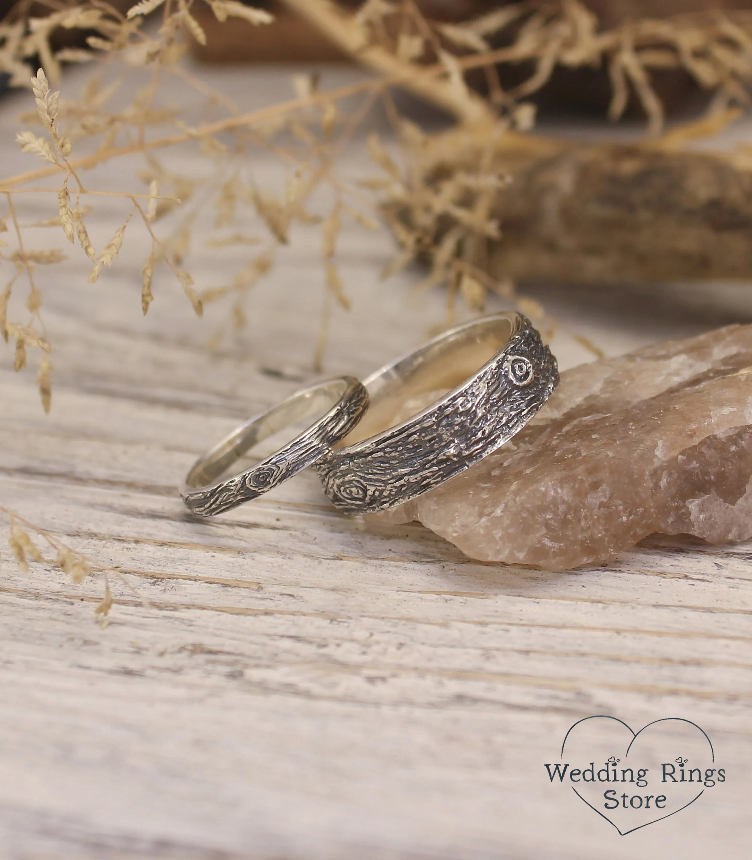 His and Hers Wooden style Silver matching Wedding Bands Set