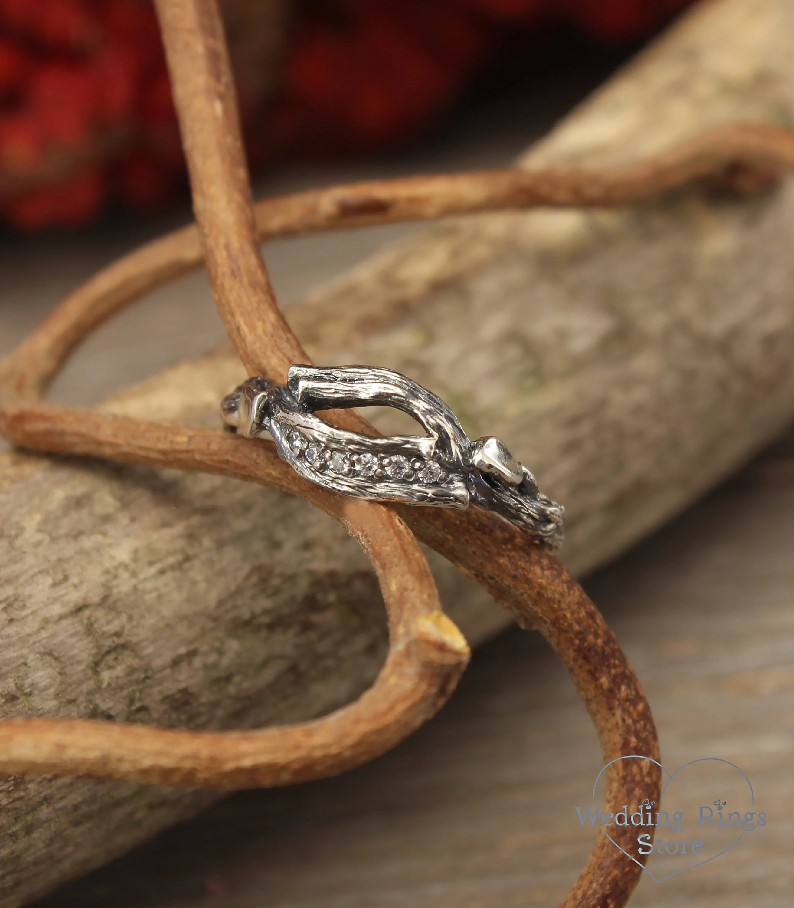 Silver Elvish Ring with shiny Leaves and Branch adorned with Gems