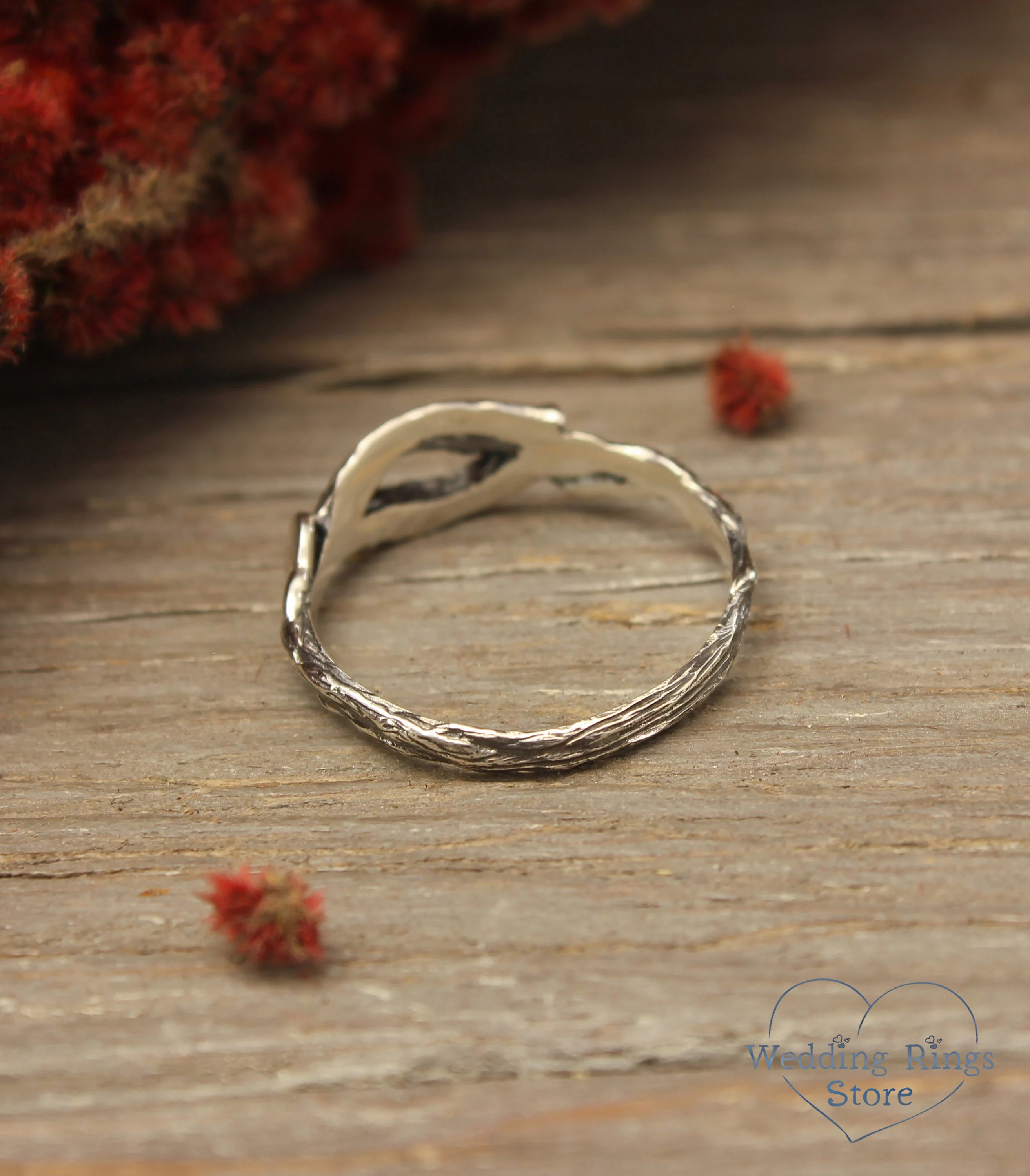 Silver Elvish Ring with shiny Leaves and Branch adorned with Gems