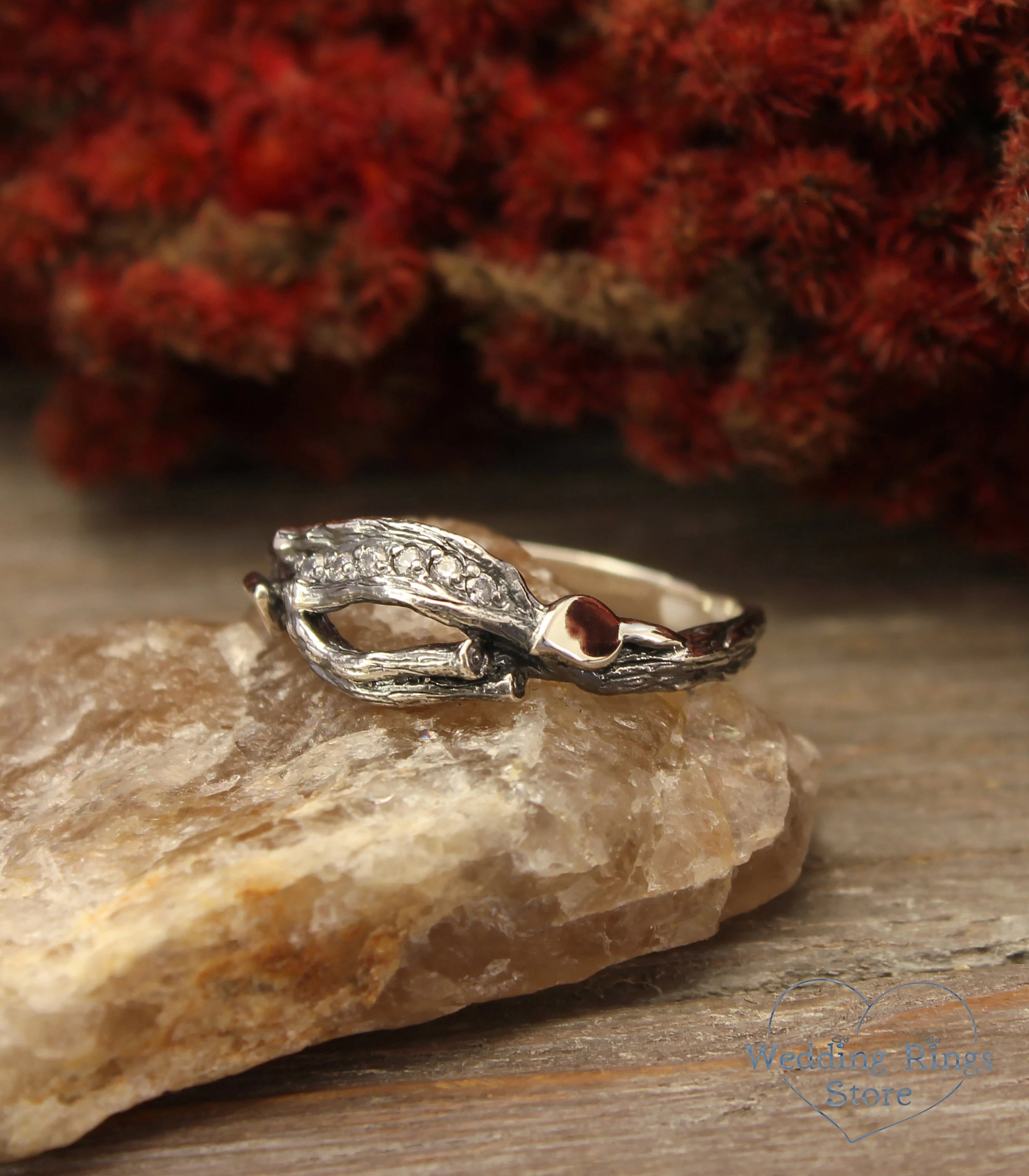 Silver Elvish Ring with shiny Leaves and Branch adorned with Gems