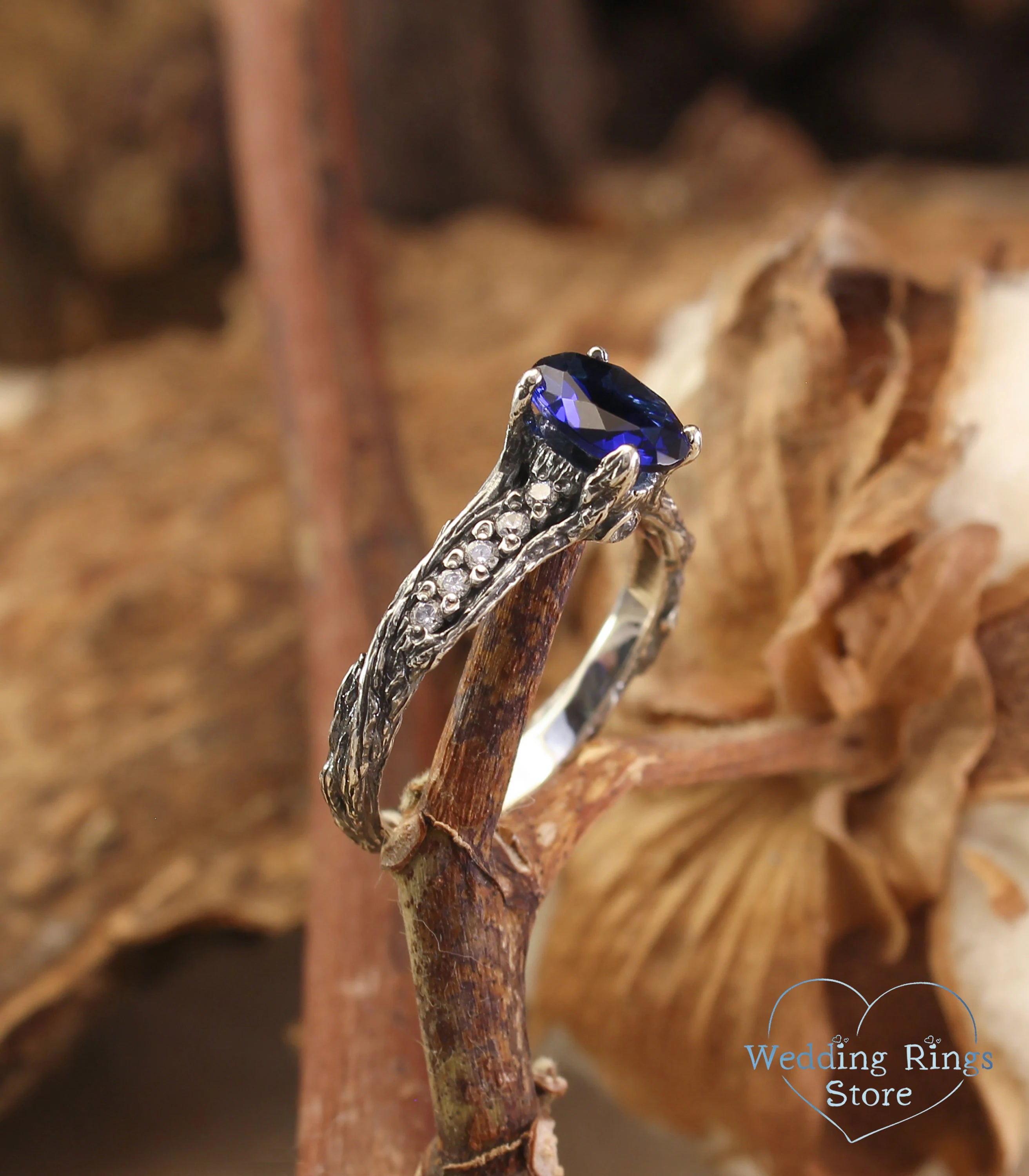 Dainty Oval Sapphire Ring – Side Stones on Silver Branch