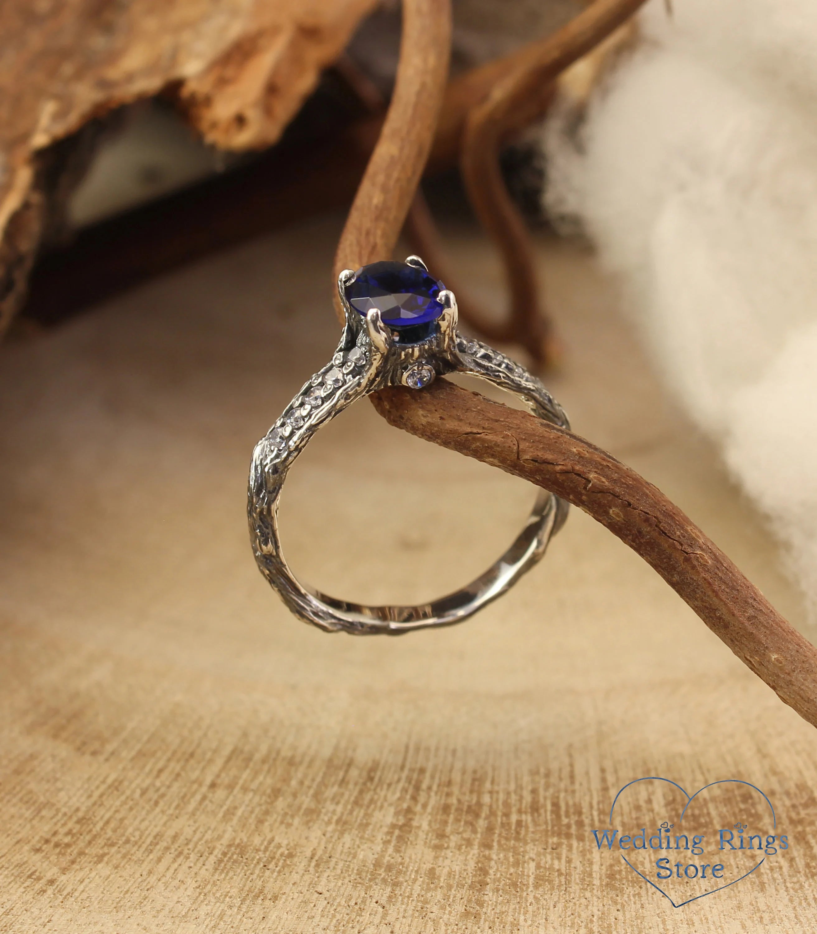 Dainty Oval Sapphire Ring – Side Stones on Silver Branch