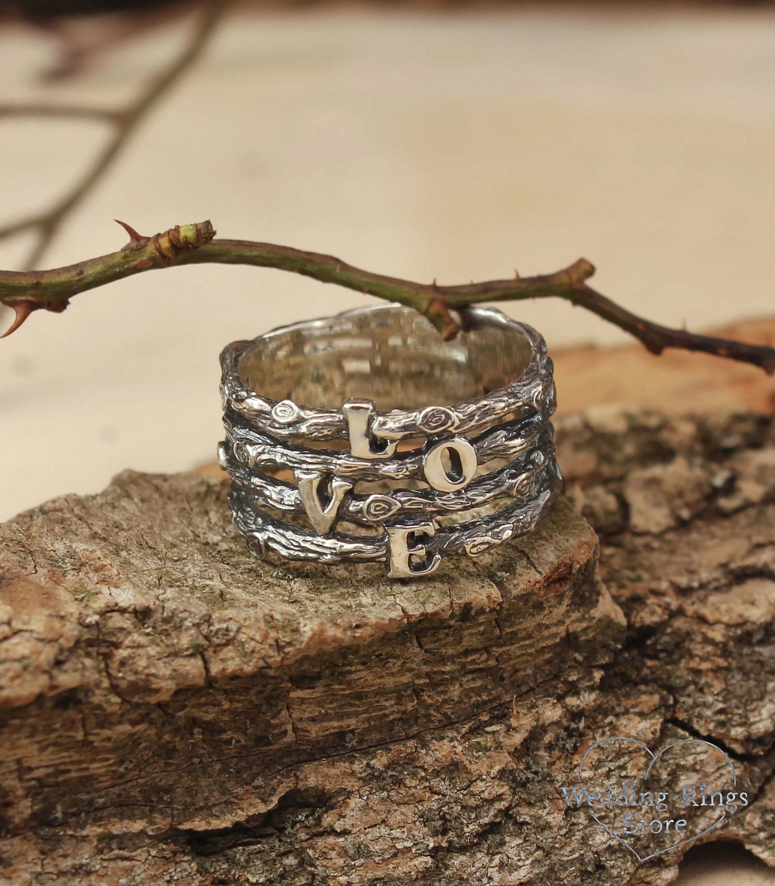 Layering Silver Branches Love Wedding Band