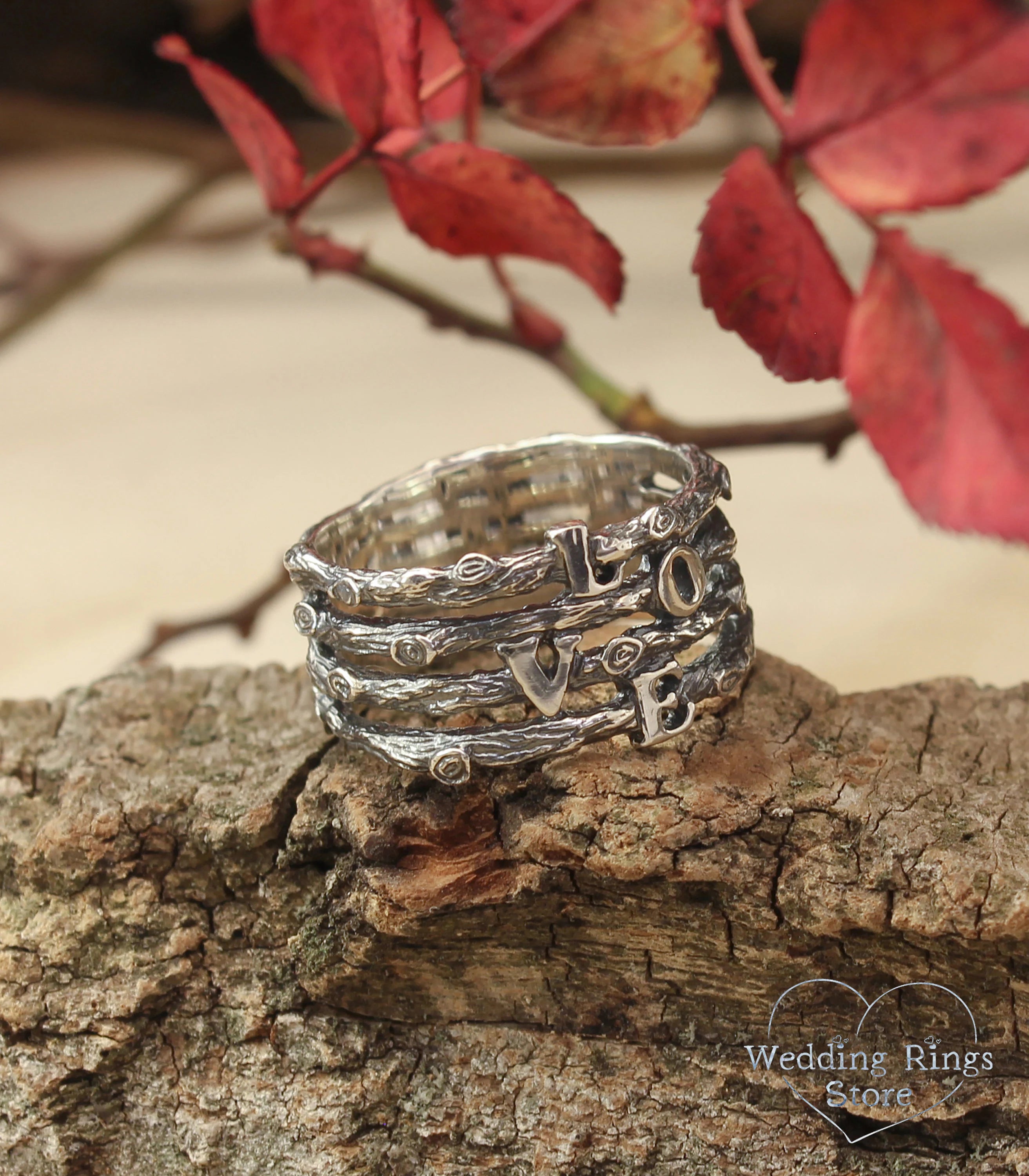 Layering Silver Branches Love Wedding Band