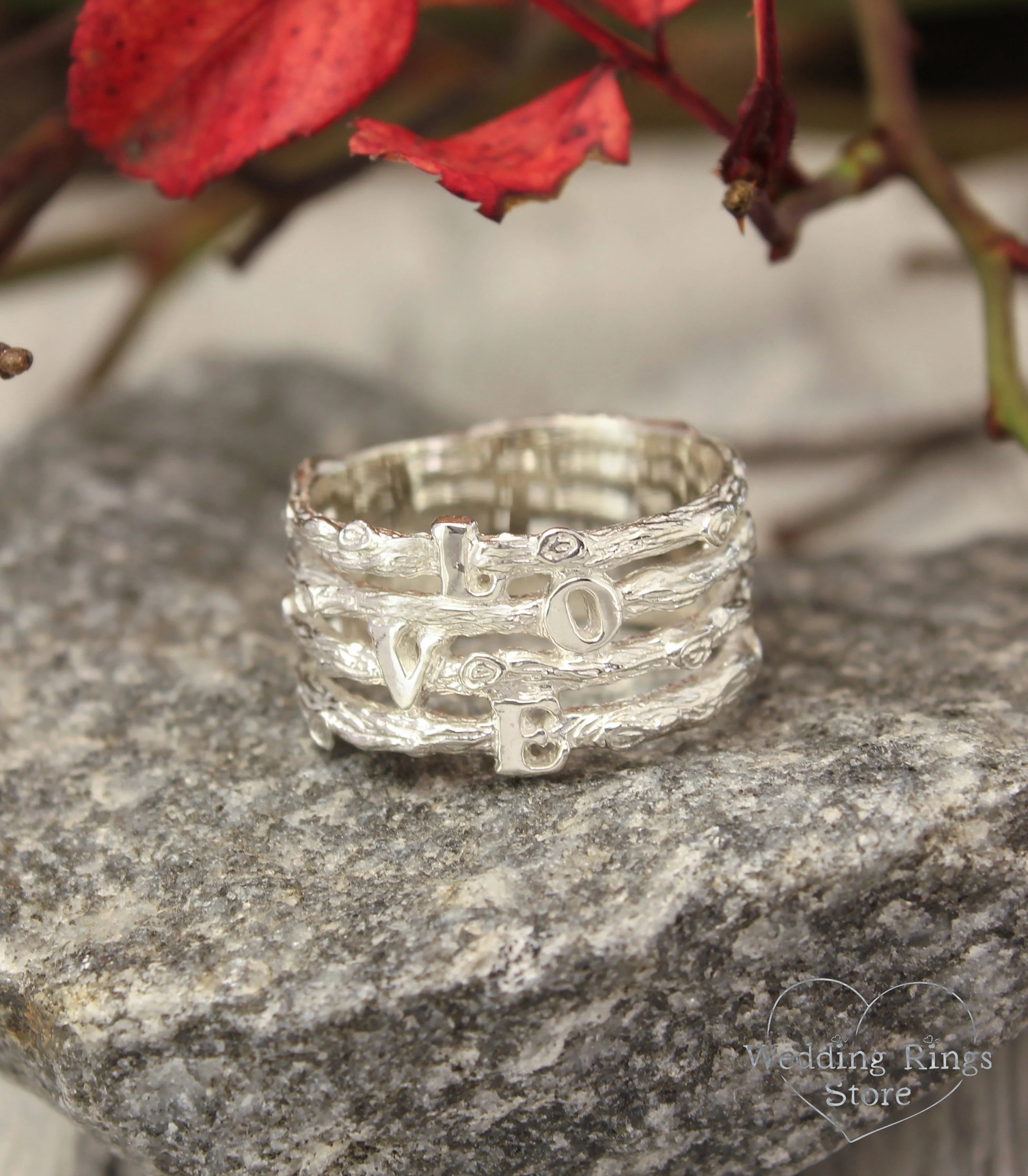 Layering Silver Branches Love Wedding Band