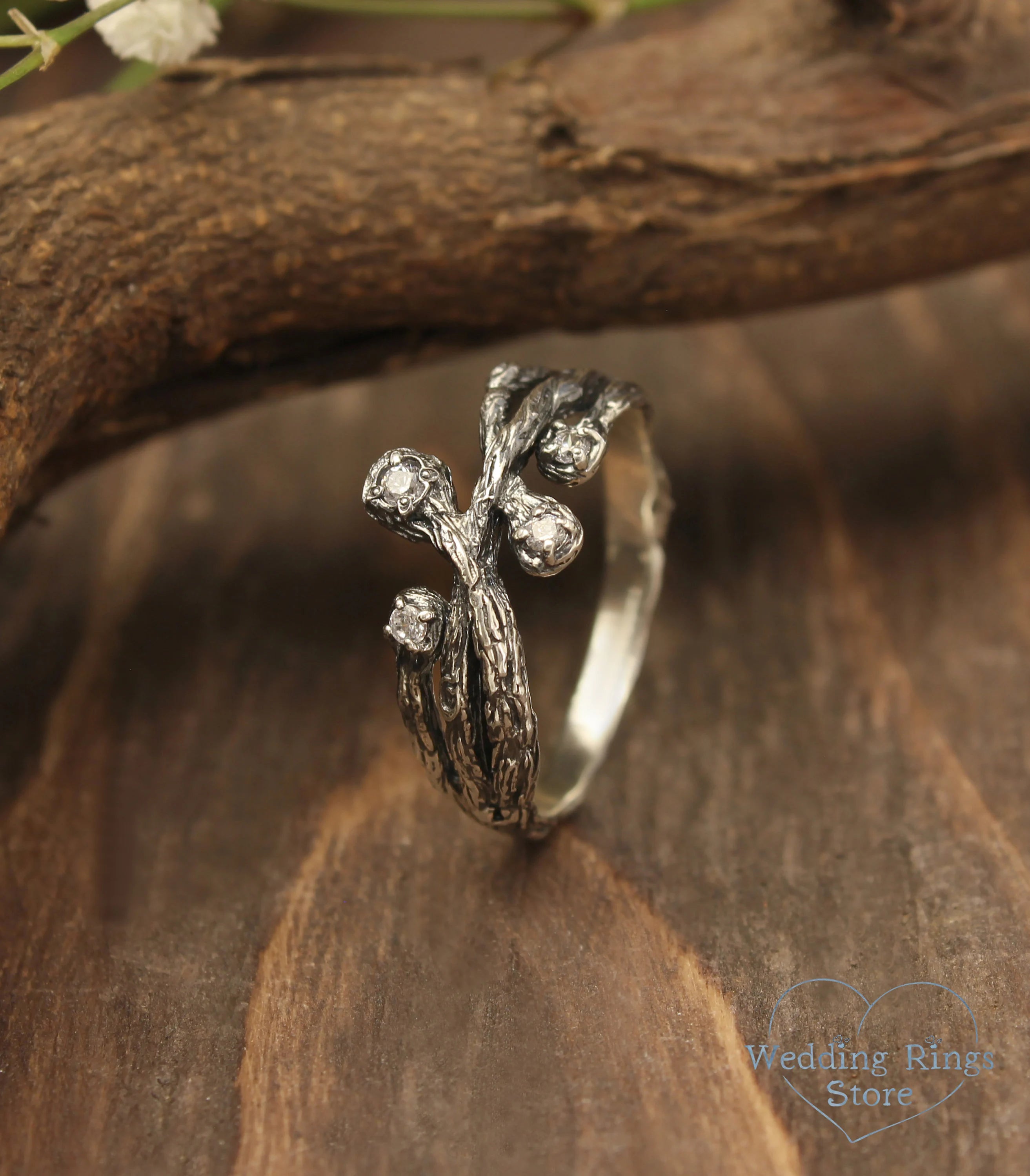 Intertwined Silver Branch Ring with 4 Gemstones