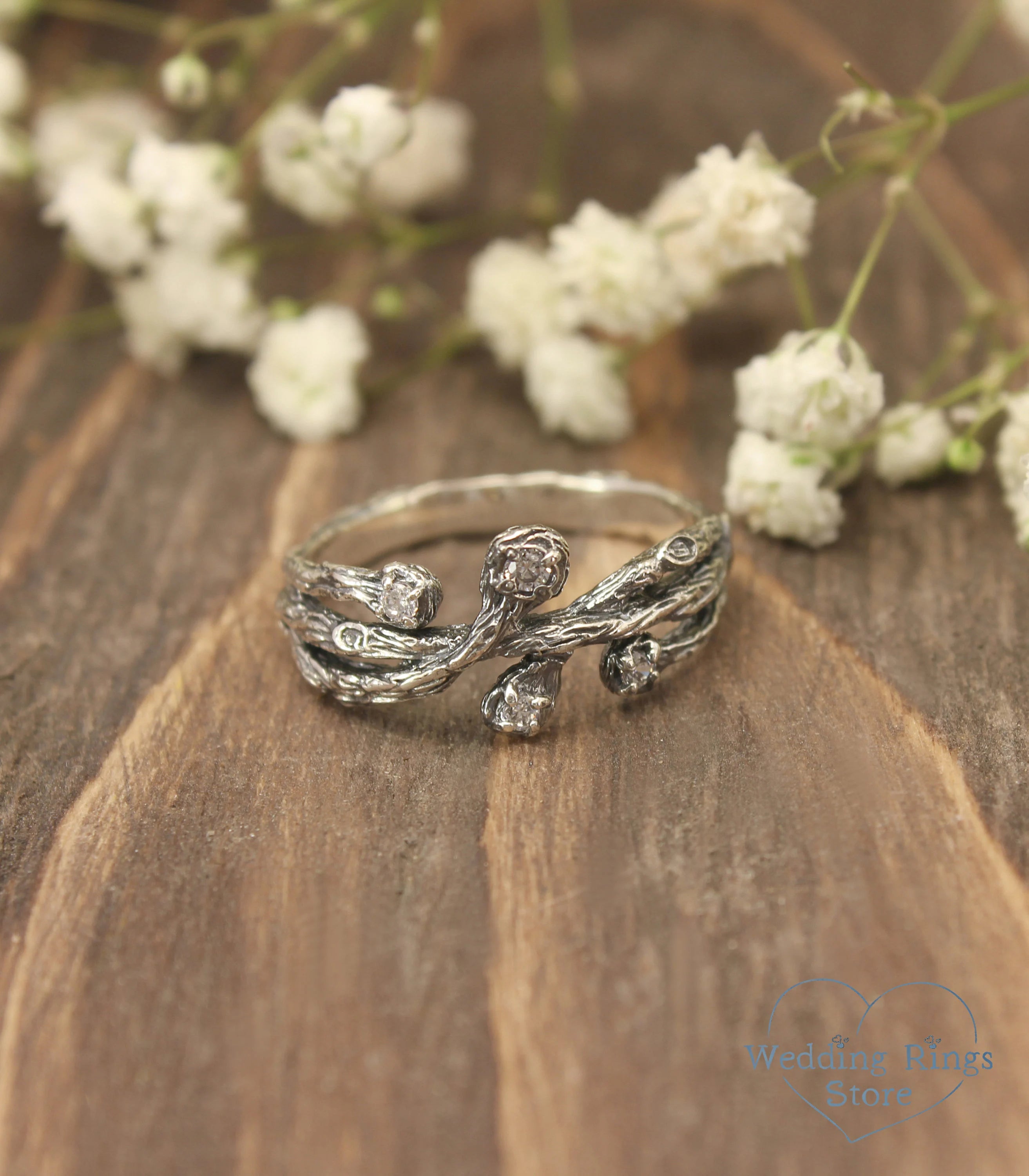 Intertwined Silver Branch Ring with 4 Gemstones