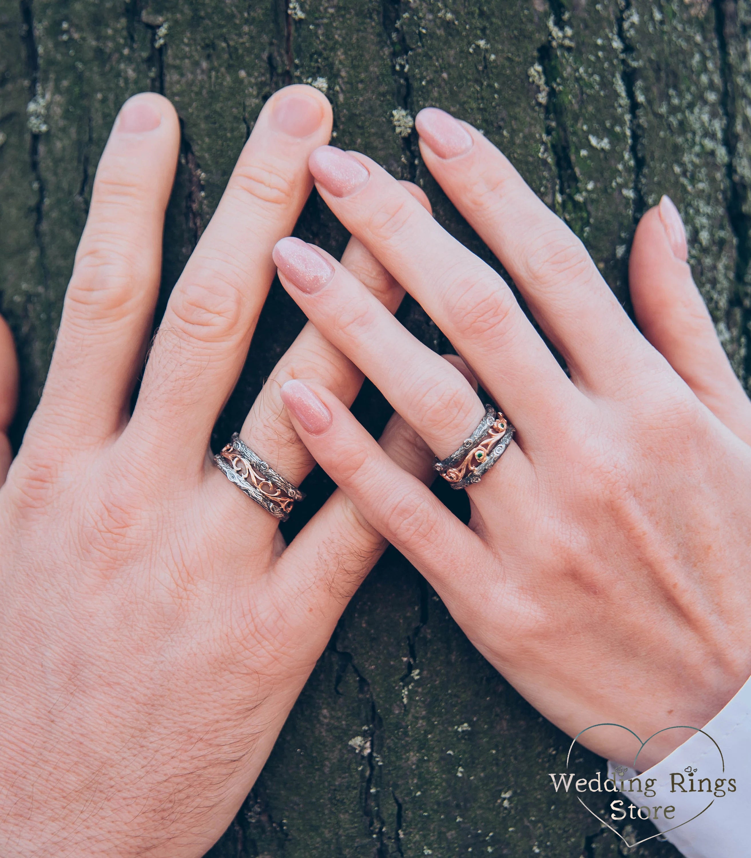 Tree styled Diamond and Vine Wedding Bands Set in Mixed metals