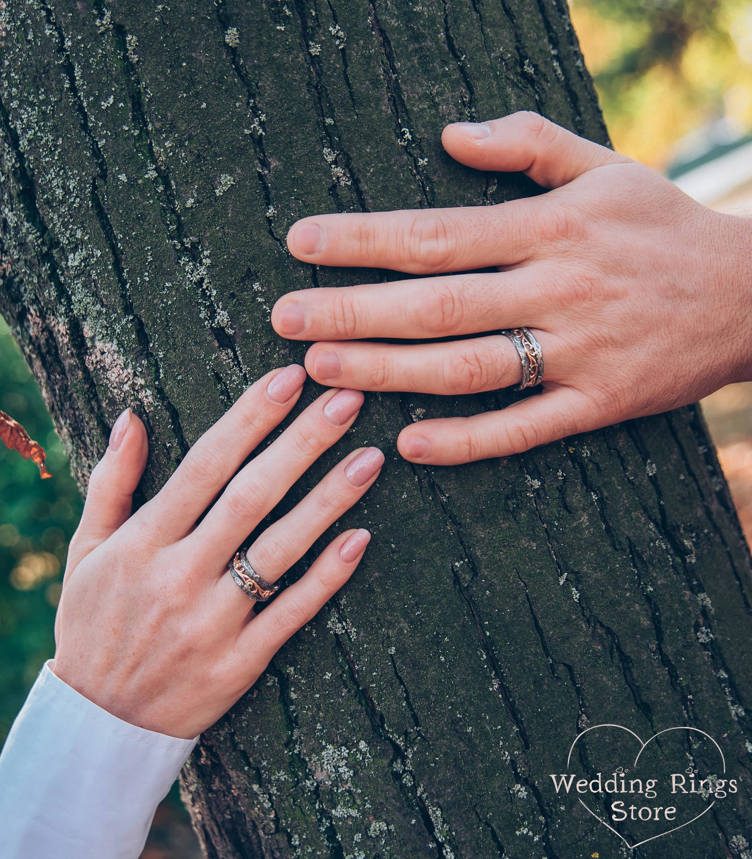 Tree styled Diamond and Vine Wedding Bands Set in Mixed metals