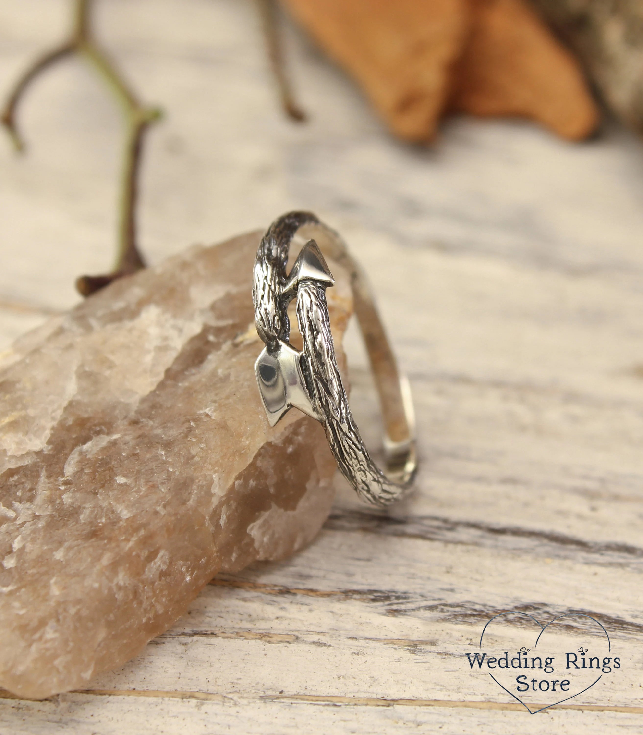 Dainty Cupid Arrow Ring in Silver Tree Bark