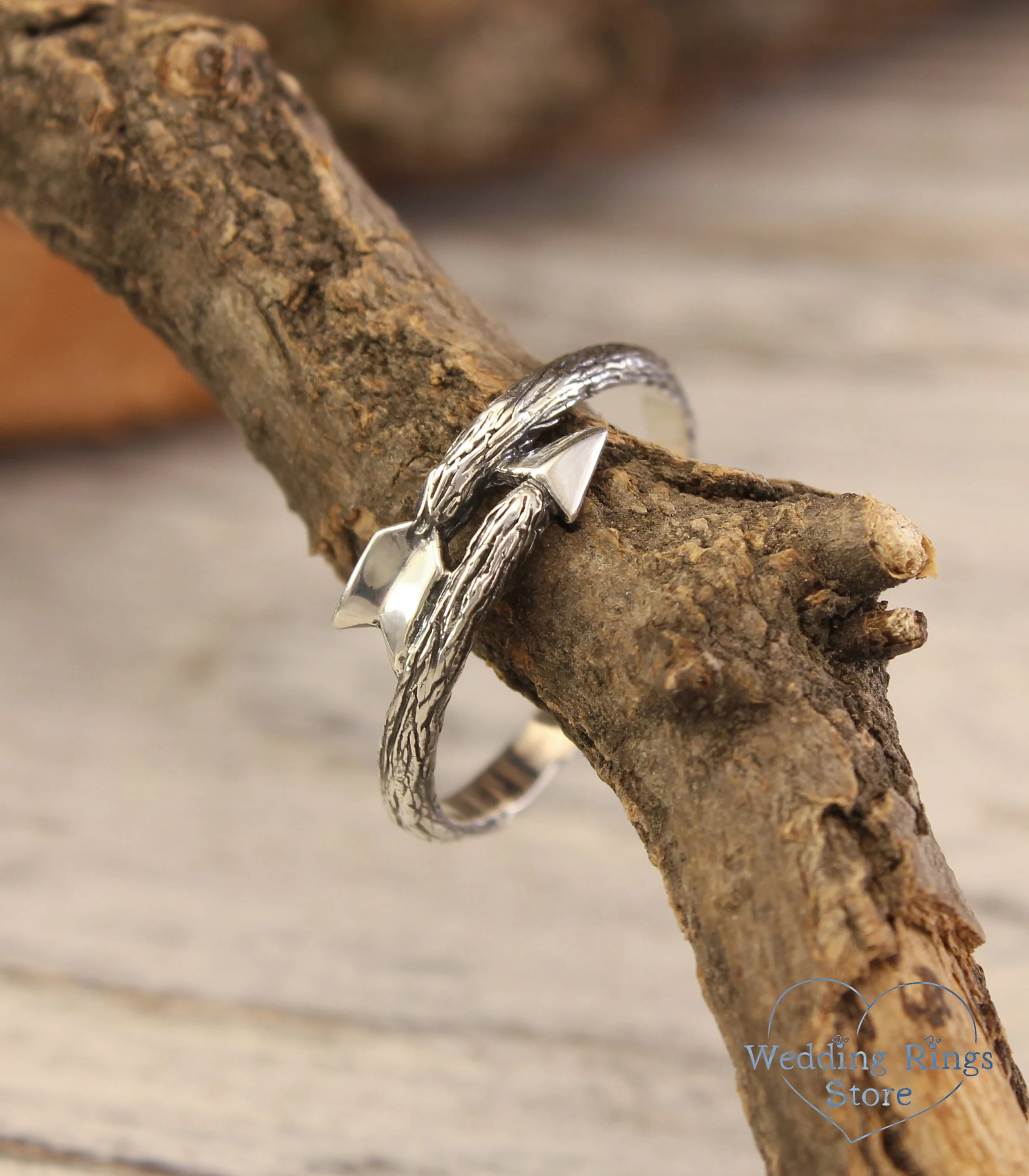 Dainty Cupid Arrow Ring in Silver Tree Bark