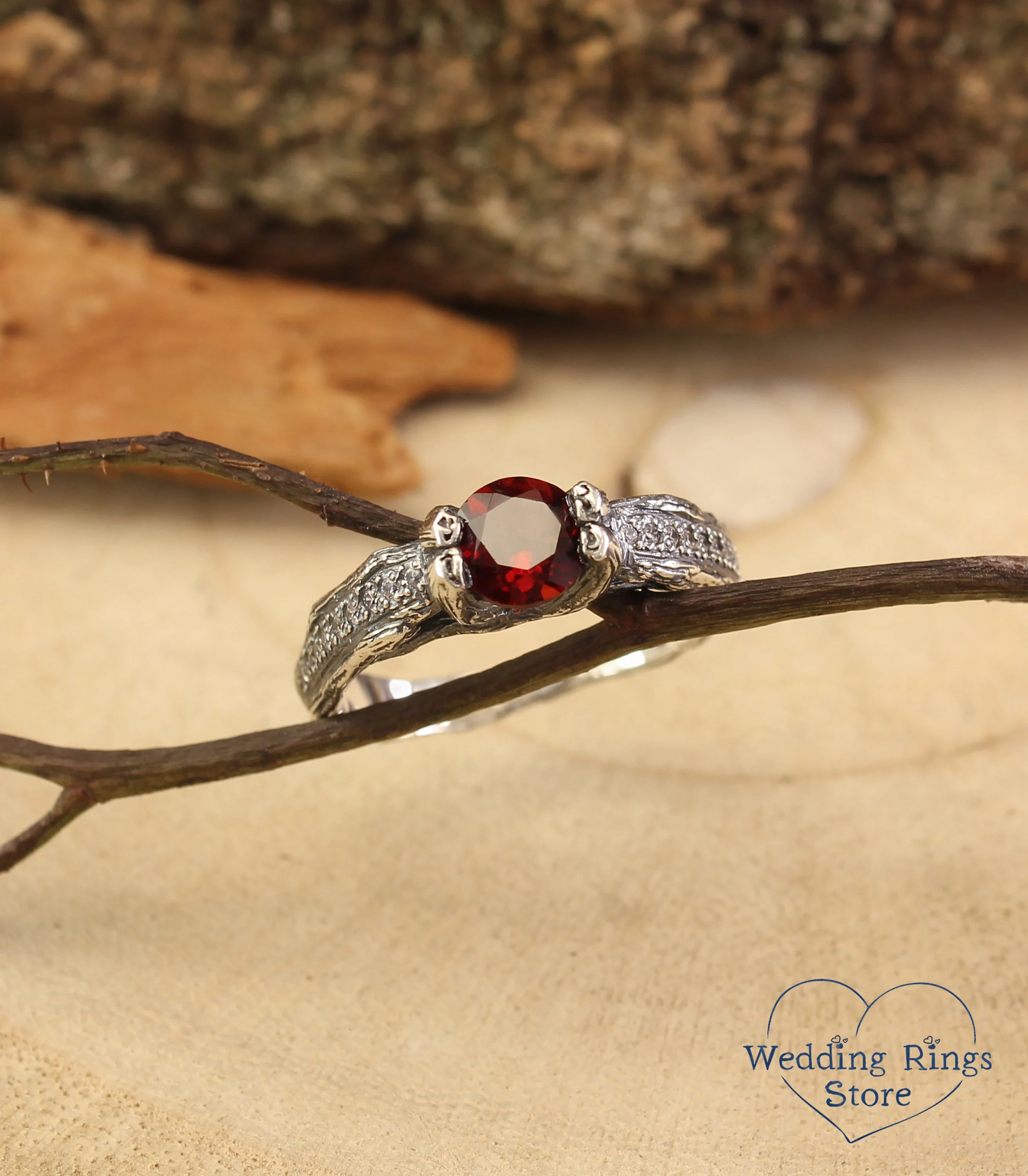 Round Garnet Engagement Ring Silver Branch & CZ Accents