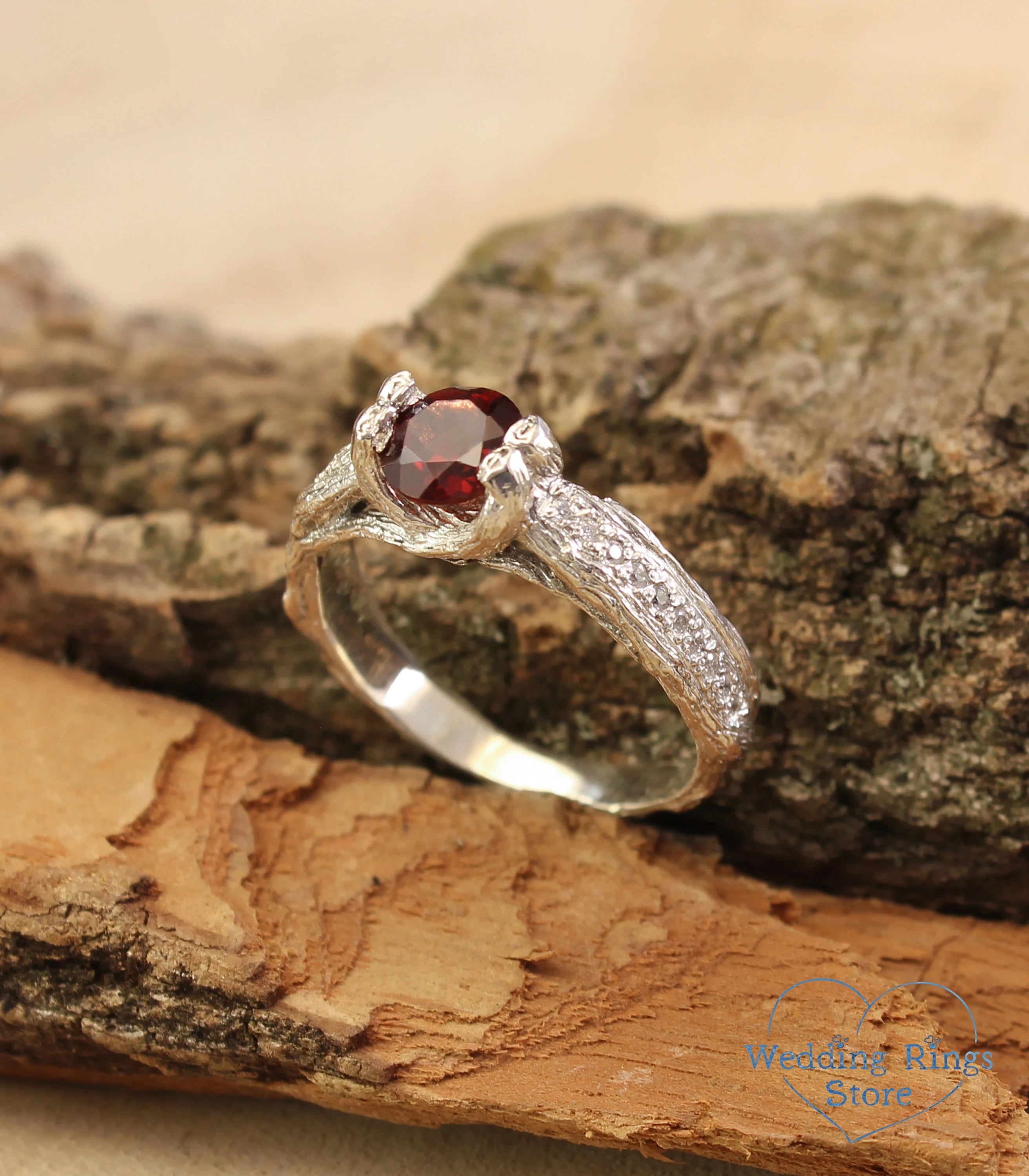 Round Garnet Engagement Ring Silver Branch & CZ Accents