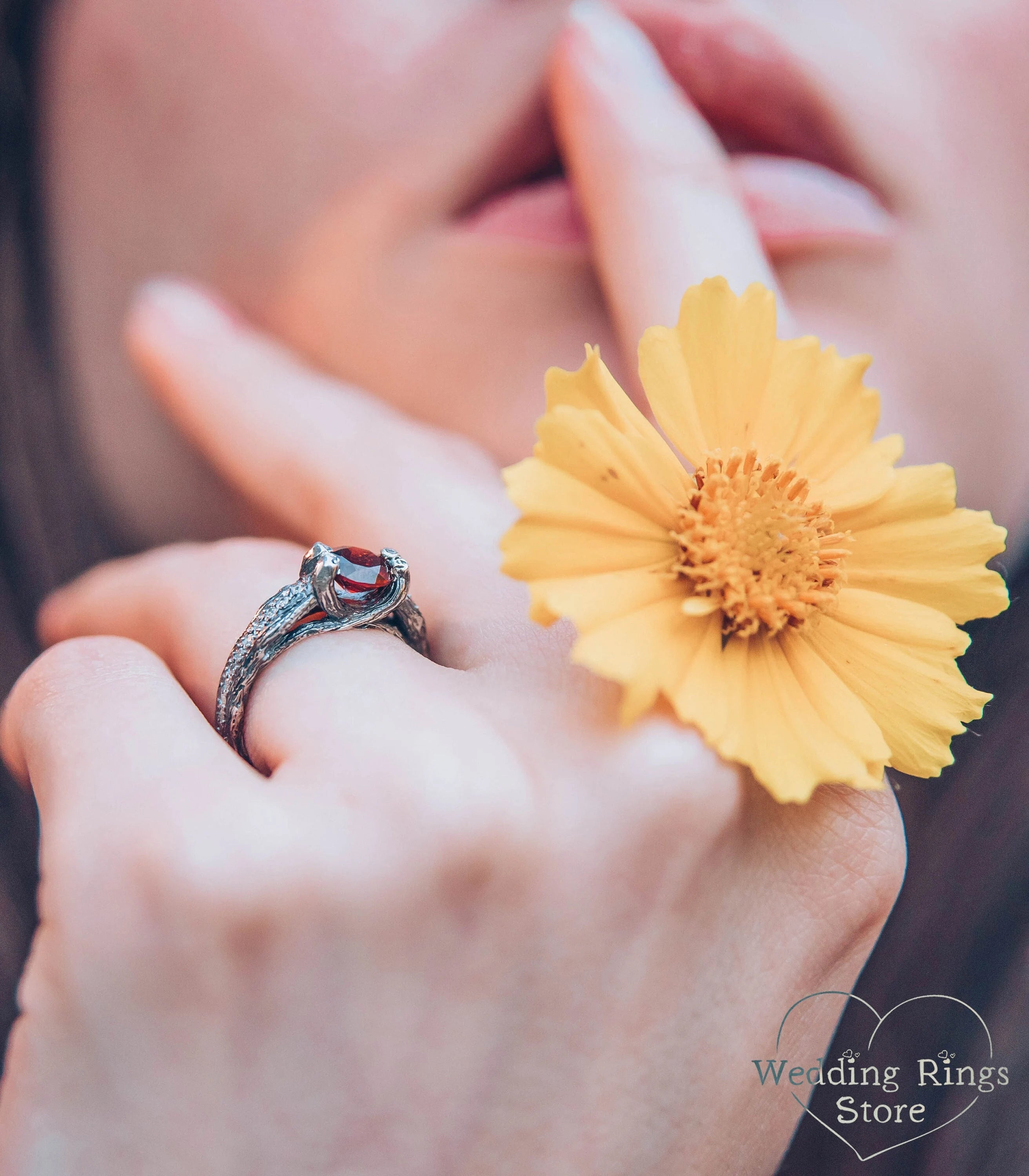 Round Garnet Engagement Ring Silver Branch & CZ Accents