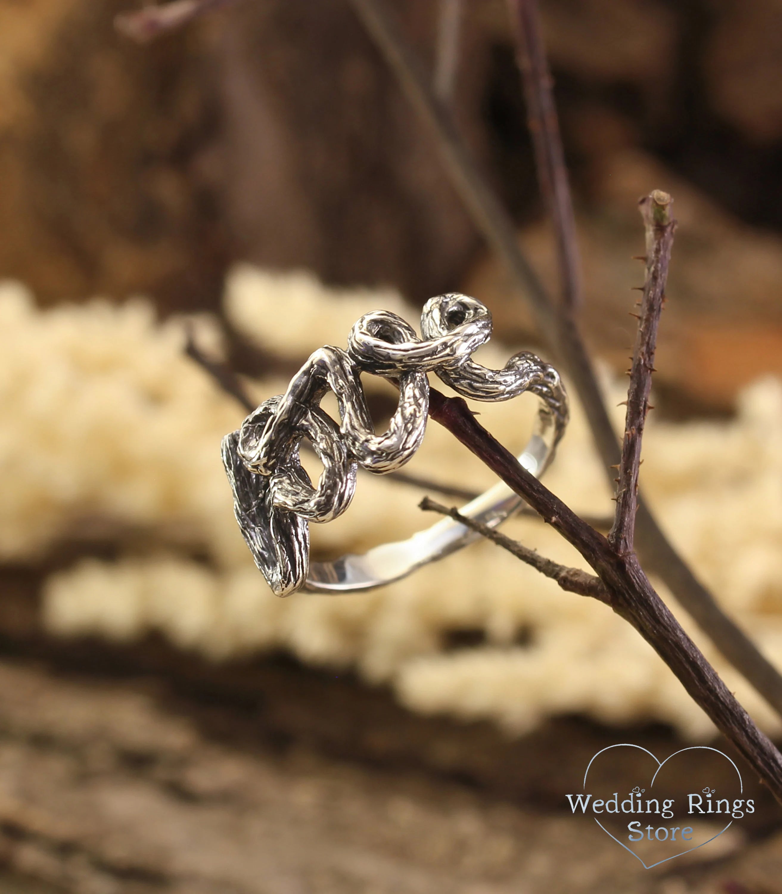 Unique Silver Branch Love Wedding Ring in Rustic Style