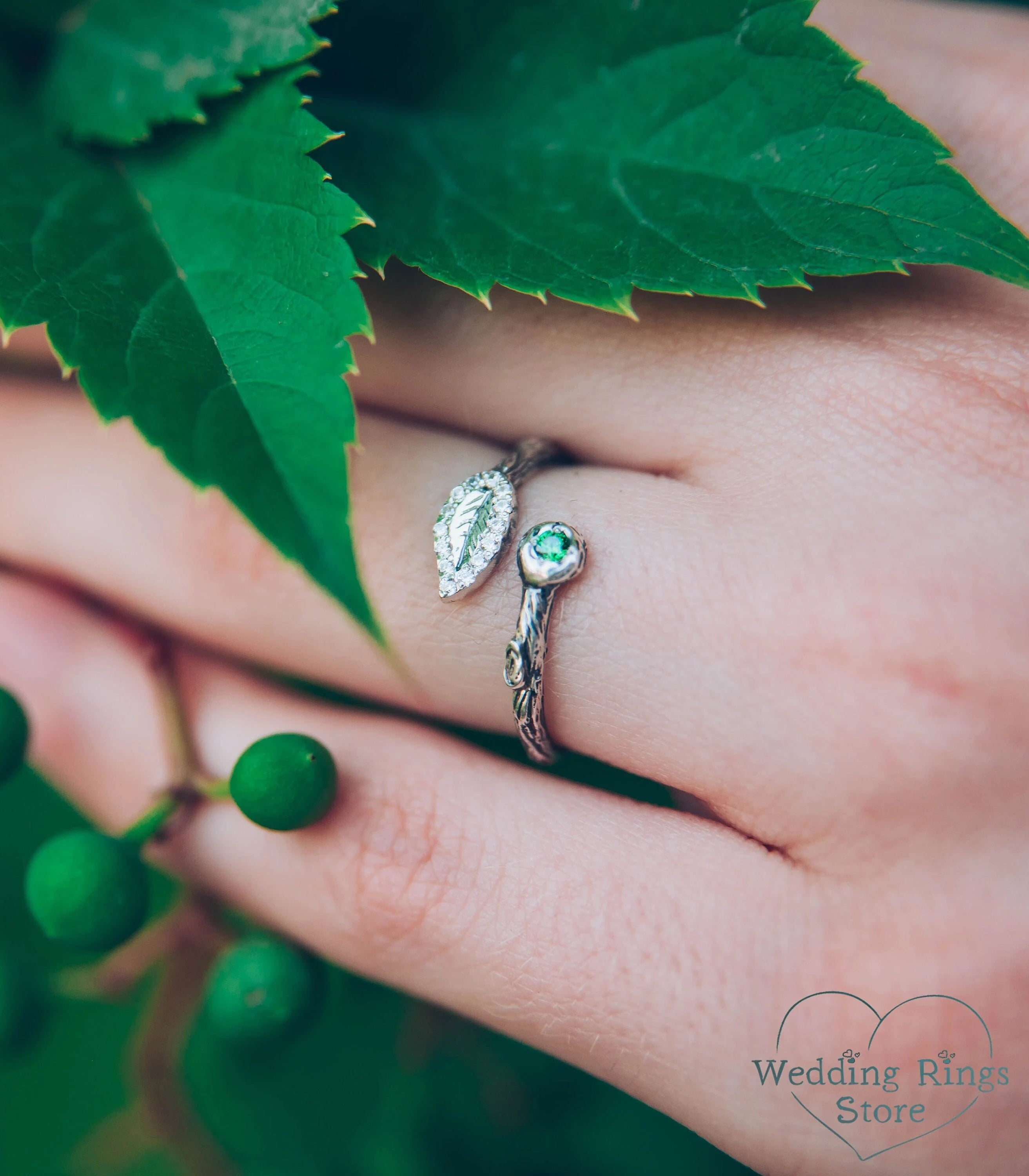 Thin Dainty Silver Twig Wrap Ring with Emerald and Leaf